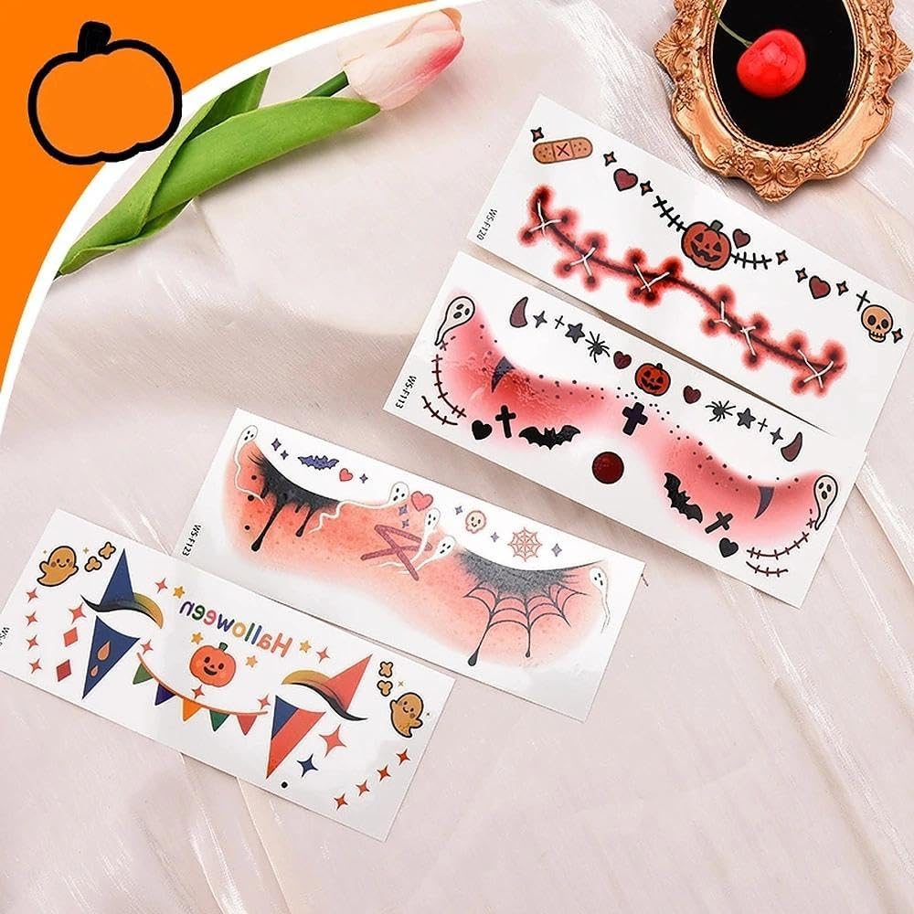 Halloween Face Stickers for Women Girls Cute Bat Skull Spider Pumpkin Temporary Face Tattoos for Day of the Dead Festival Halloween Party Vampire Gothic Masquerade Makeup Decorations 4Pcs - Pumpkin image number 4