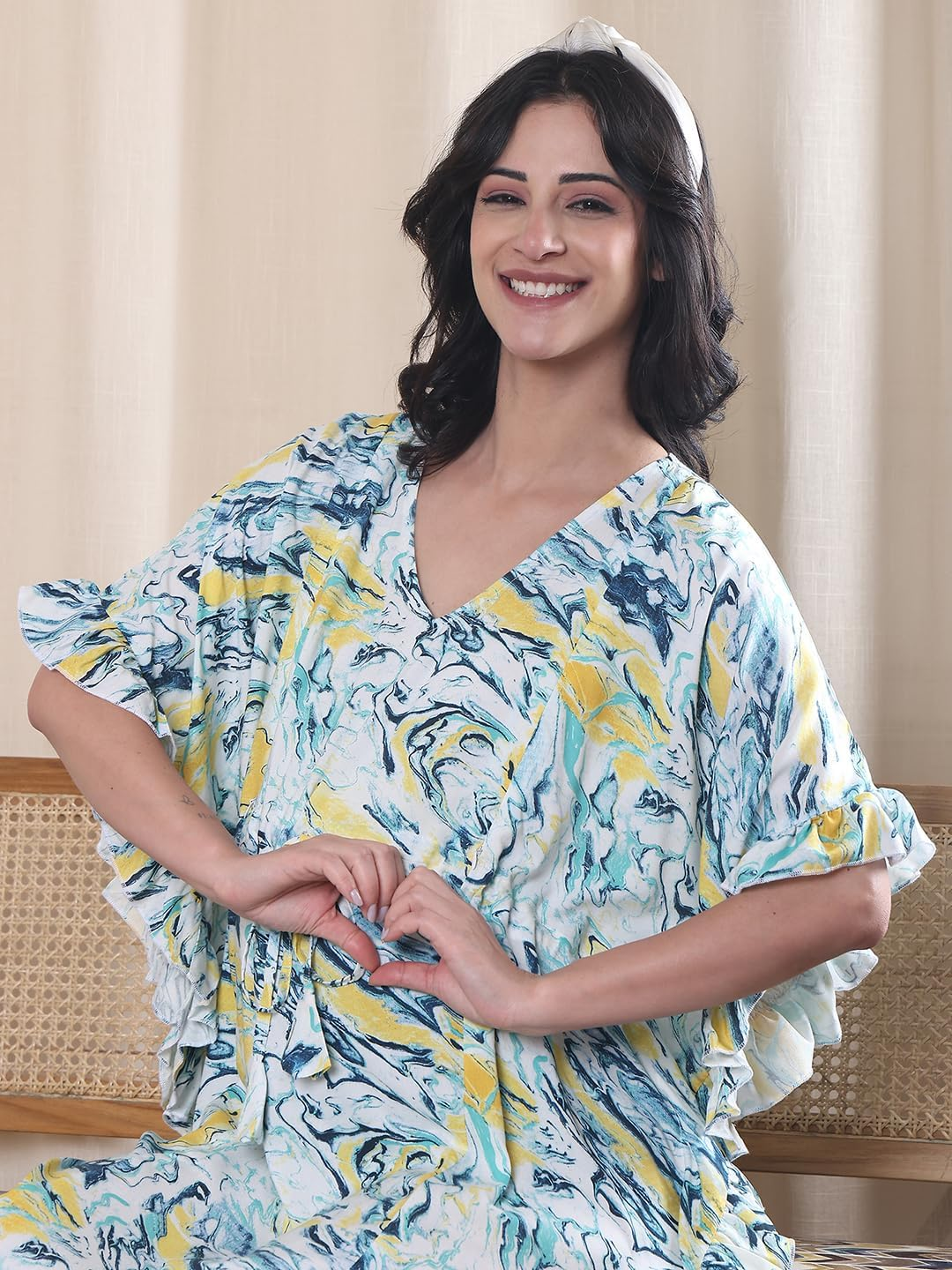 Secret Wish Blue Marble Rayon Maternity Kaftan/Maxi Nighty/Free Size/Feeding/Nursing/Zipper/Drawstring image number 3