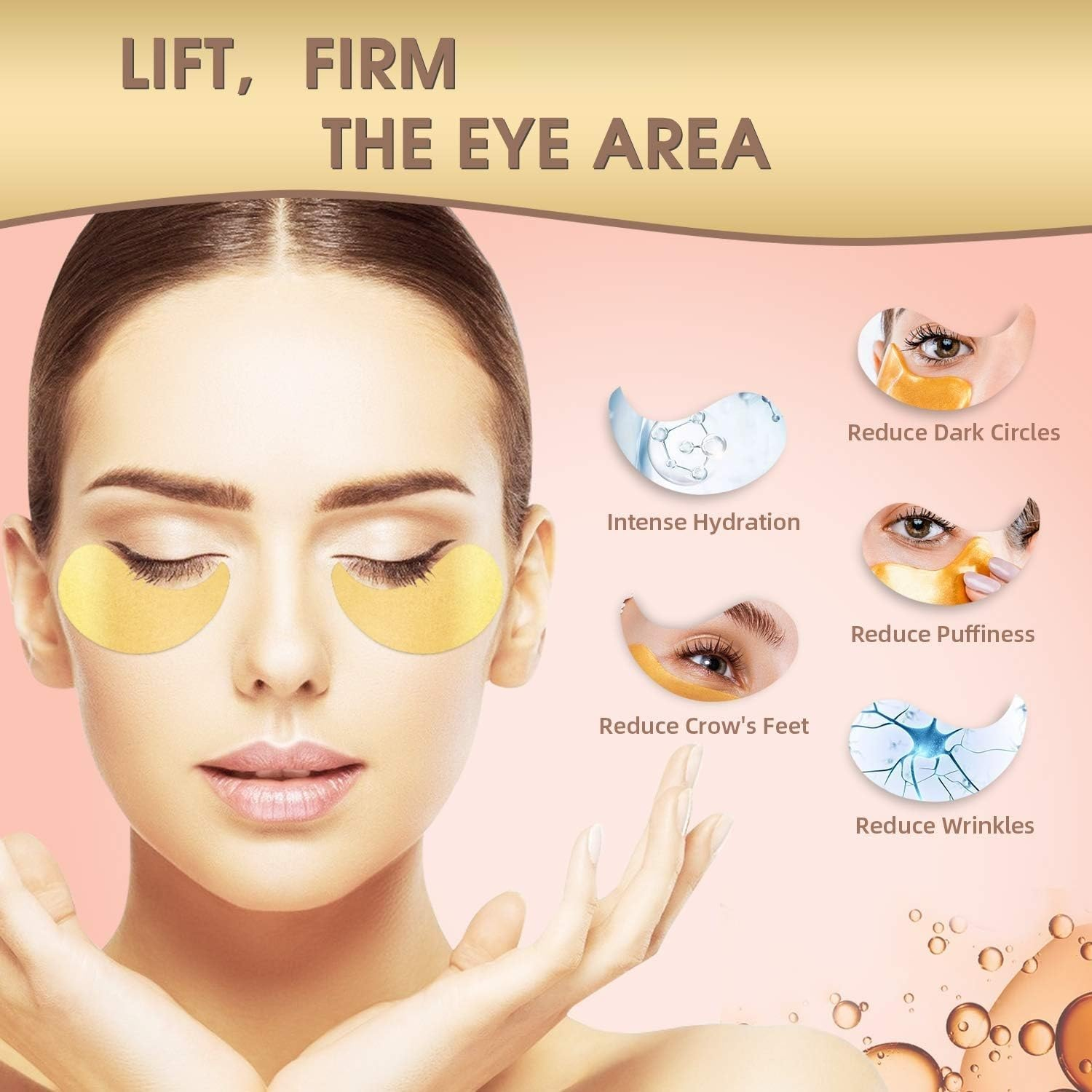 60Pieces Collagen Eye Masks, 24K GOLD under Eye Patches, Dark Circles and Wrinkles, Anti-Aging, Gel Pads for Puffiness and Bags, Immune System Support for Eyes, with Hyaluronic Acid, Deep Moisturizing