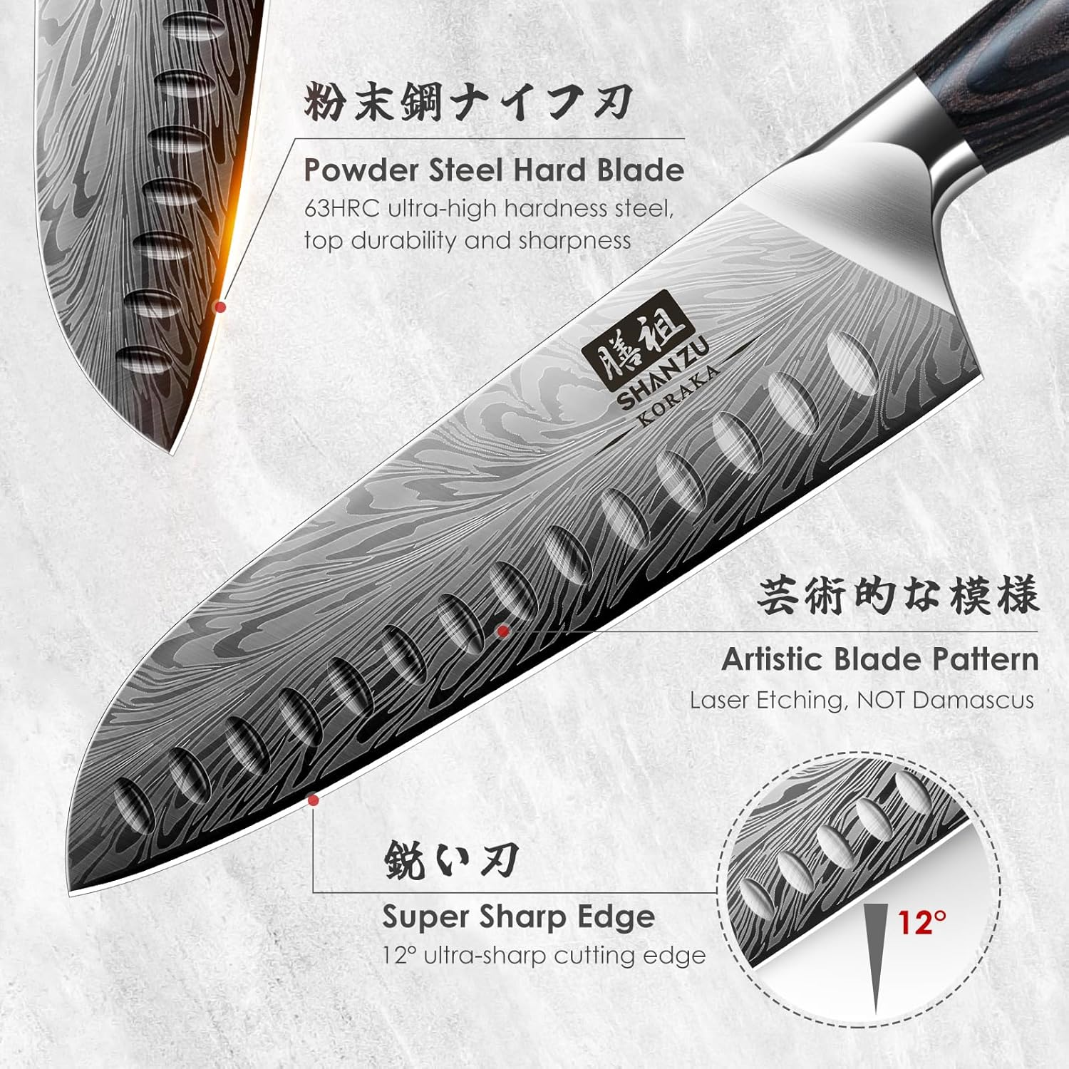 SHAN ZU Steel Powder Santoku Knife, 18Cm Professional Kitchen Kitchen, Super Sharp Japanese Santoku Knife Hard Steel, Vegetable and Meat Knife, Ergonomic Pakka Wood Handle - Kitchen Santoku Knife image number 4