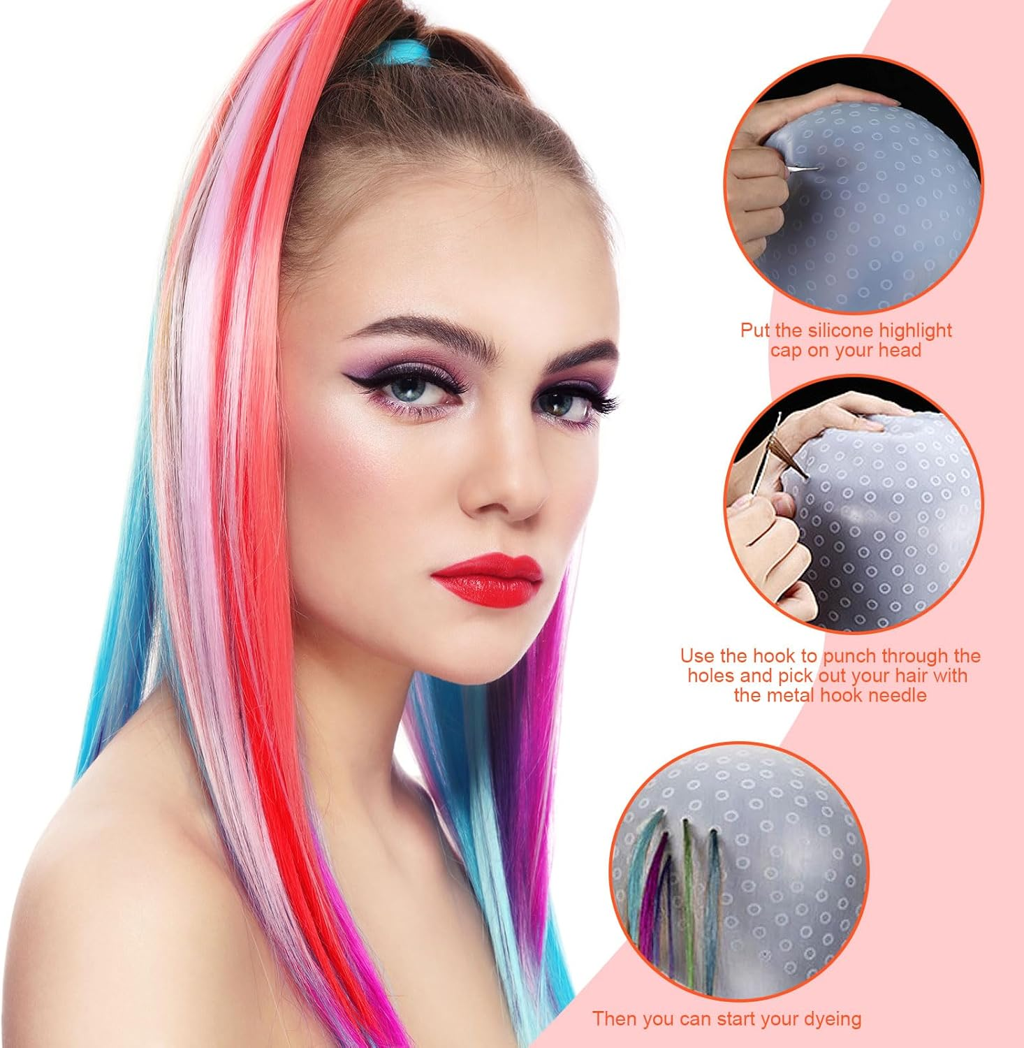UILYNIU 4 Pieces Silicone Highlight Cap Highlight Hair Cap, Hair Colouring Highlighting Cap, Highlight Cap with Holes Hood 2 Hooks Needle, Colouring Hair Hairdressing Tool for Girls (White) image number 1