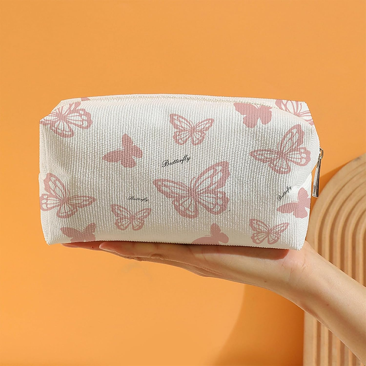 Small Makeup Bag for Purse Corduroy Makeup Bag Travel Makeup Pouch Mini Cosmetic Bag for Women (Pink Butterfly,Small) - Figure 3 image number 3