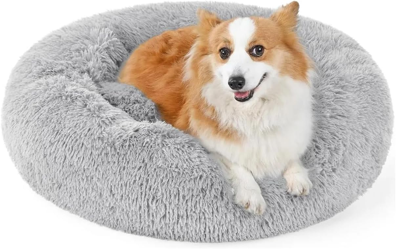 80Cm Medium Calming Dog Bed, Anti-Anxiety Donut Cuddler Cat Bed with Anti-Slip Bottom, Washable round Fluffy Pet Bed for Medium Large Dog & Cat, Light Grey