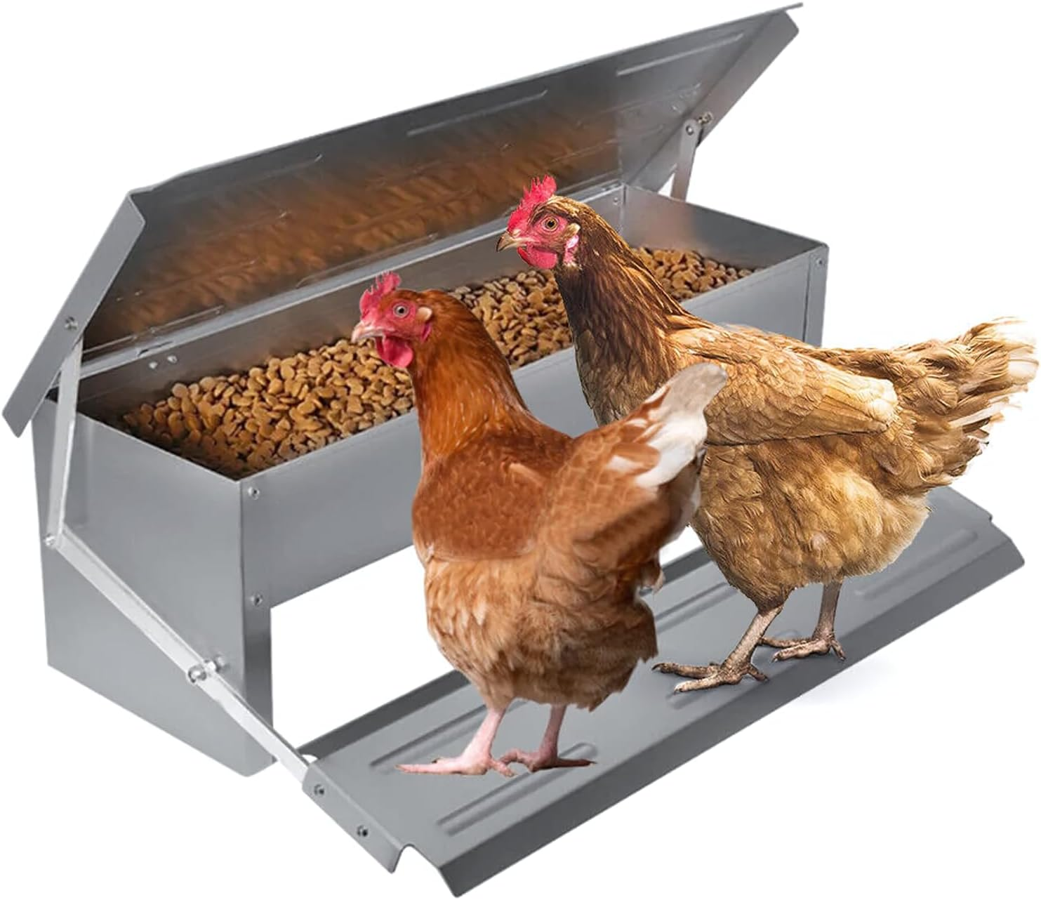 EZONEDEAL Automatic Chicken Food Feeder 8.2L Treadle Galvanized Steel Poultry Feeders Automatic Food Dispenser with Lid, Suitable for Chicken, Bantams, Poultry, Pheasants, Turkey, Chicken Feeder Port image number 1