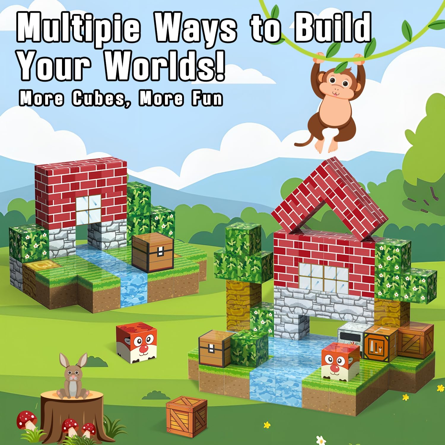 Lehoo Castle Minecraft Magnetic Blocks, Magnetic Blocks Building Mine Magnet World, Stem Sensory Toys for 3 Year Old Gifts (Forest) image number 3