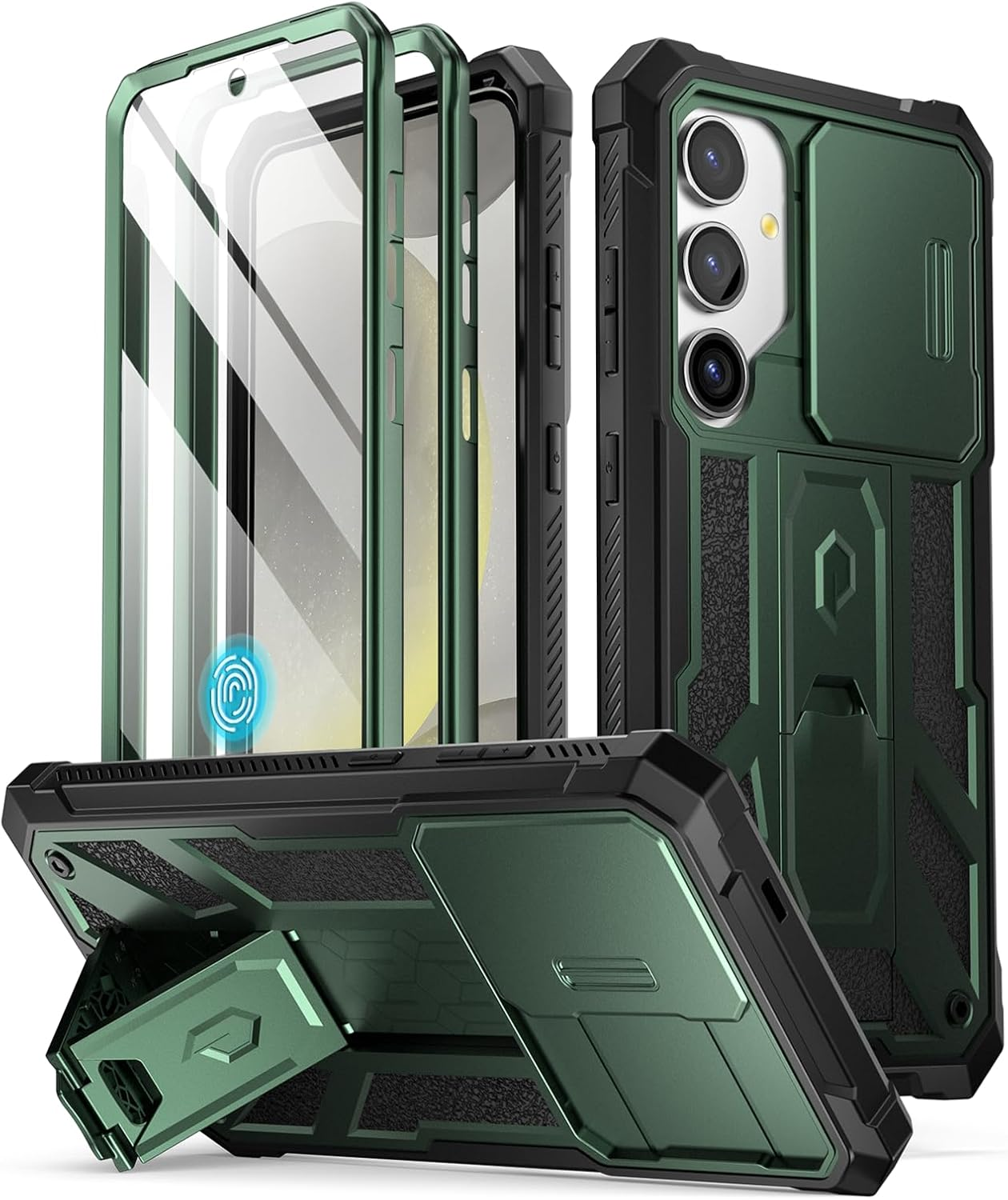 Poetic Spartan Case for Galaxy S24 6.2", [Slide Camera Cover] [Screen Protector Works with Fingerprint ID] Military Grade Rugged Shockproof S24 Phone Case with Kickstand, Metallic Green
