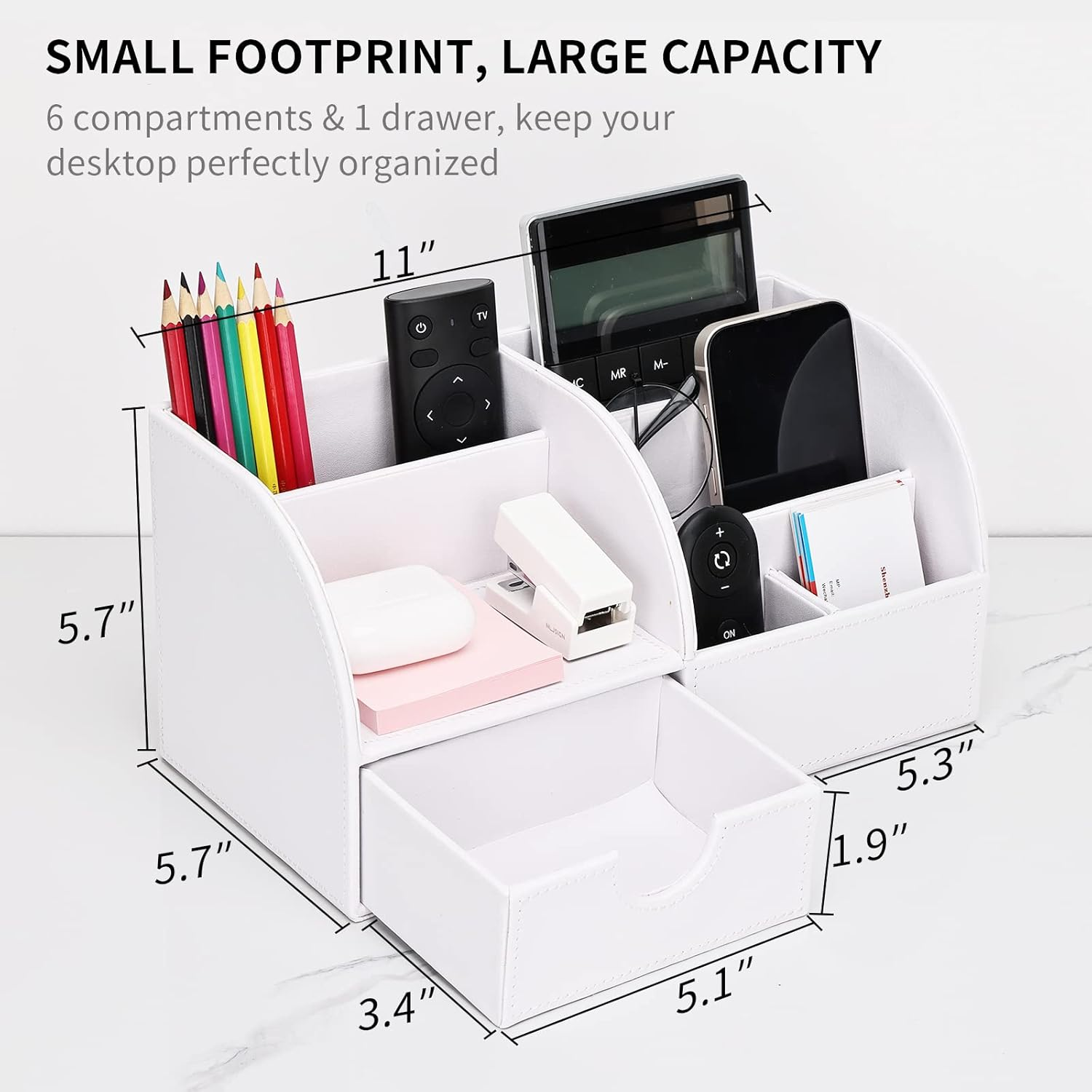 KINGFOM Pu Leather Desk Organizer Pen Pencil Holder Office Supplies Caddy Storage Box 6 Compartments with Drawer White (Full Pu Leather) image number 5