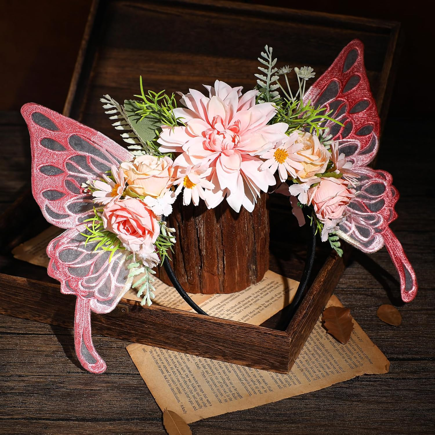 MOSTORY Pink Butterfly Wings Fairy Headband for Women Flower Headband for Renaissance Fairy Costume Cosplay Photo Shoot image number 4