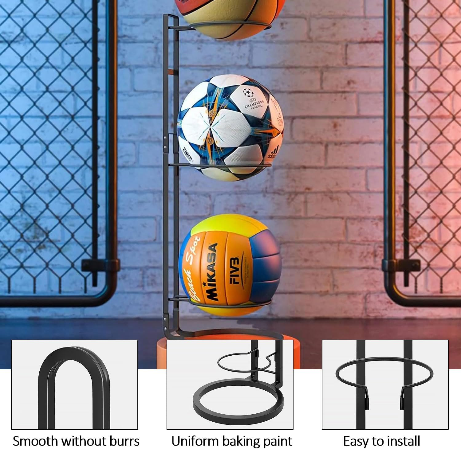 3-Tier Basketball Ball Storage Rack Holder, Ball Storage, Freestanding Garage Sports Equipment Organizer. Ball Storage Rack, inside Movable Vertical Display for Volleyball, Soccer and Basketball image number 1