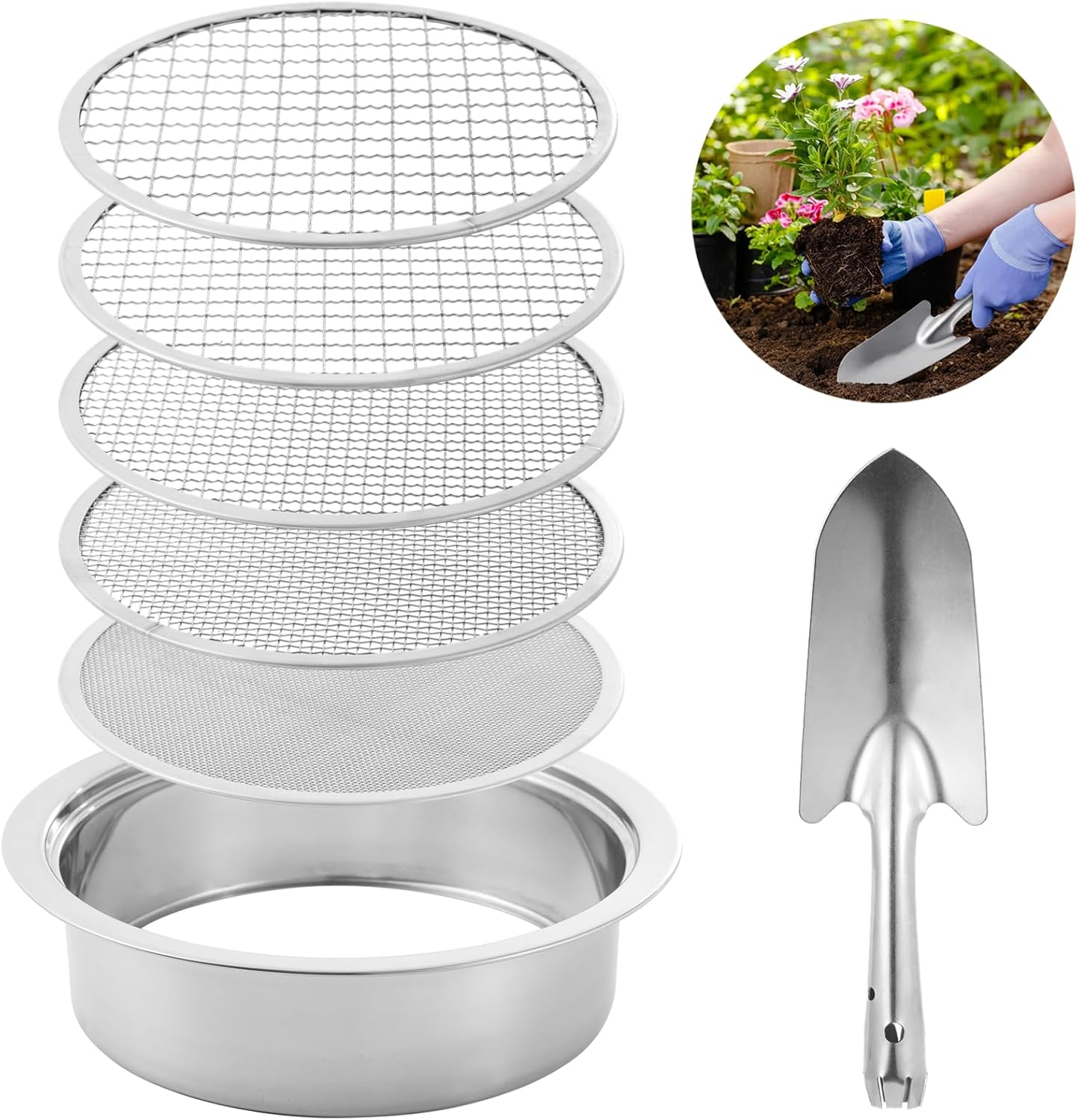Soil Sifter Stainless Steel Riddle Sieve Set for Gardening with 5 Sizes 8" Diameter 1/3/6/9/12Mm Interchangeable Meshes - Garden Potting Sieves with Shovel - Planting Soil Sifters Strains