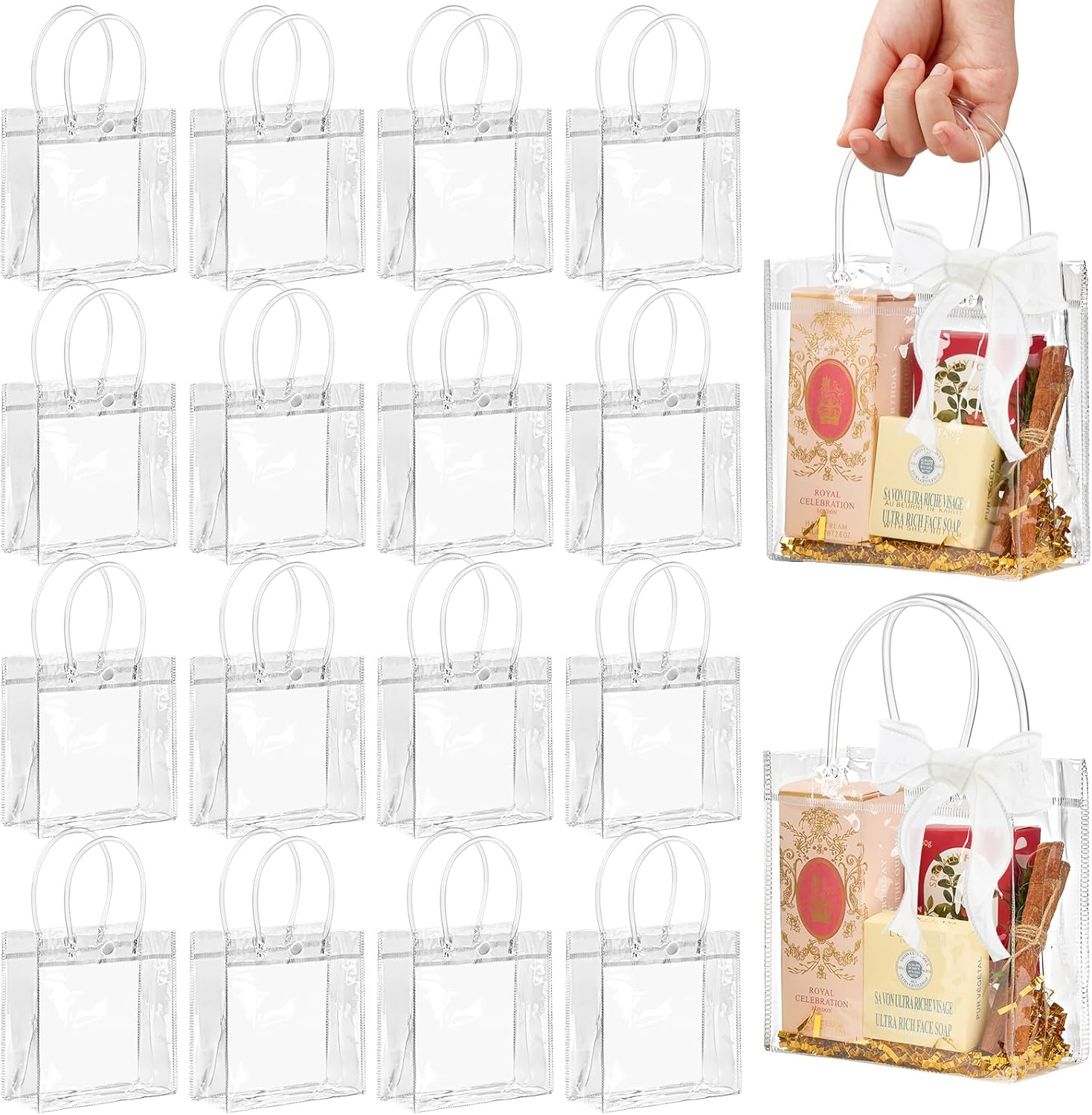 16 Pack Clear Plastic Gift Bags with Handles, 5.9" X 6.3" X 2.8" Reusable Transparent Party Favor Bags PVC Goodie Bags Bulk for Wedding, Baby Shower, Birthday