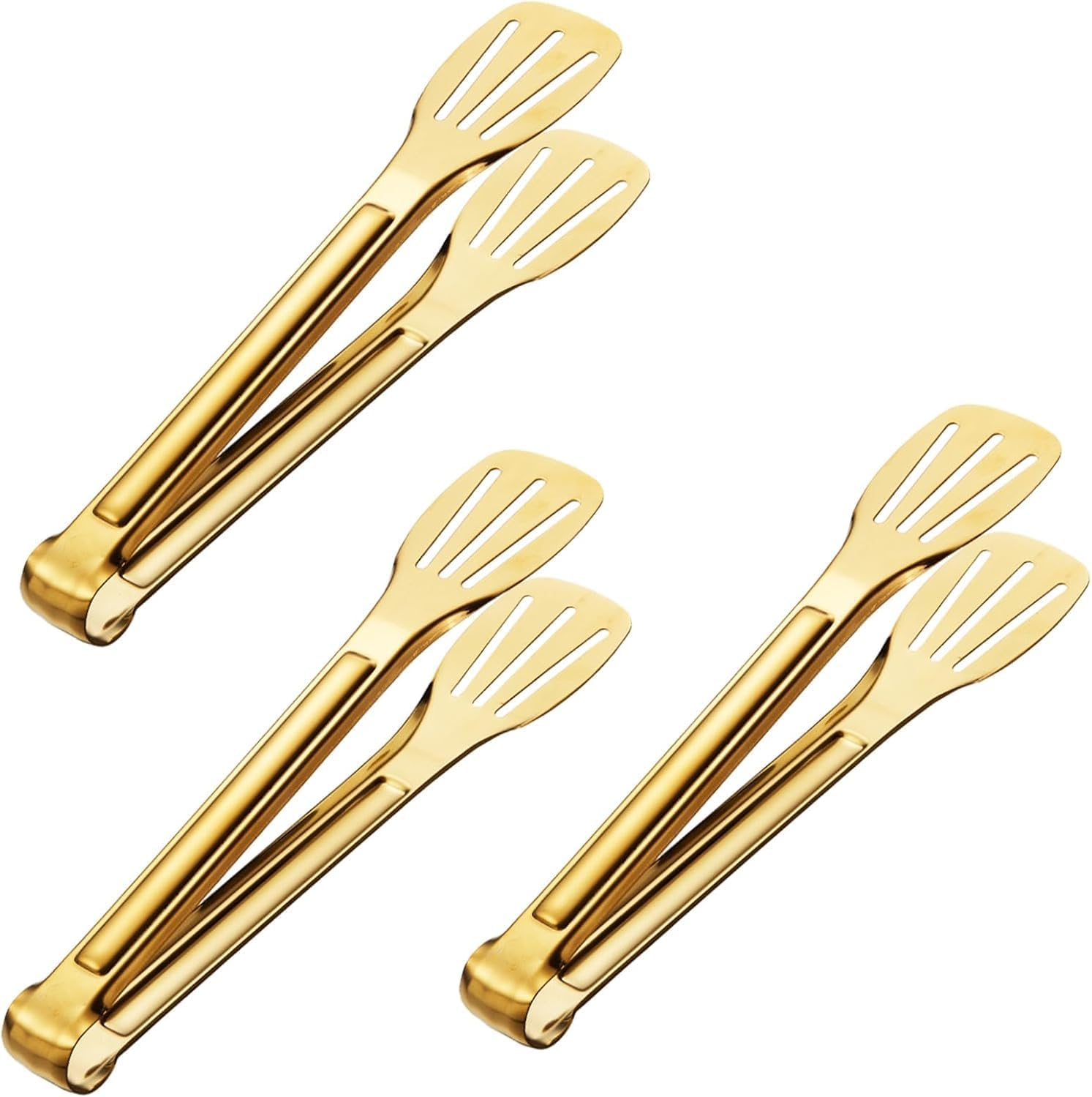 3Pcs Kitchen Tongs, 7'' Stainless Steel Food Serving Tongs, Non-Slip Stainless Steel Metal BBQ Tongs, Kitchen Cooking Tongs for Cooking, Cake, Salad, Meat, BBQ, Frying, Serving (Golden) image number 2