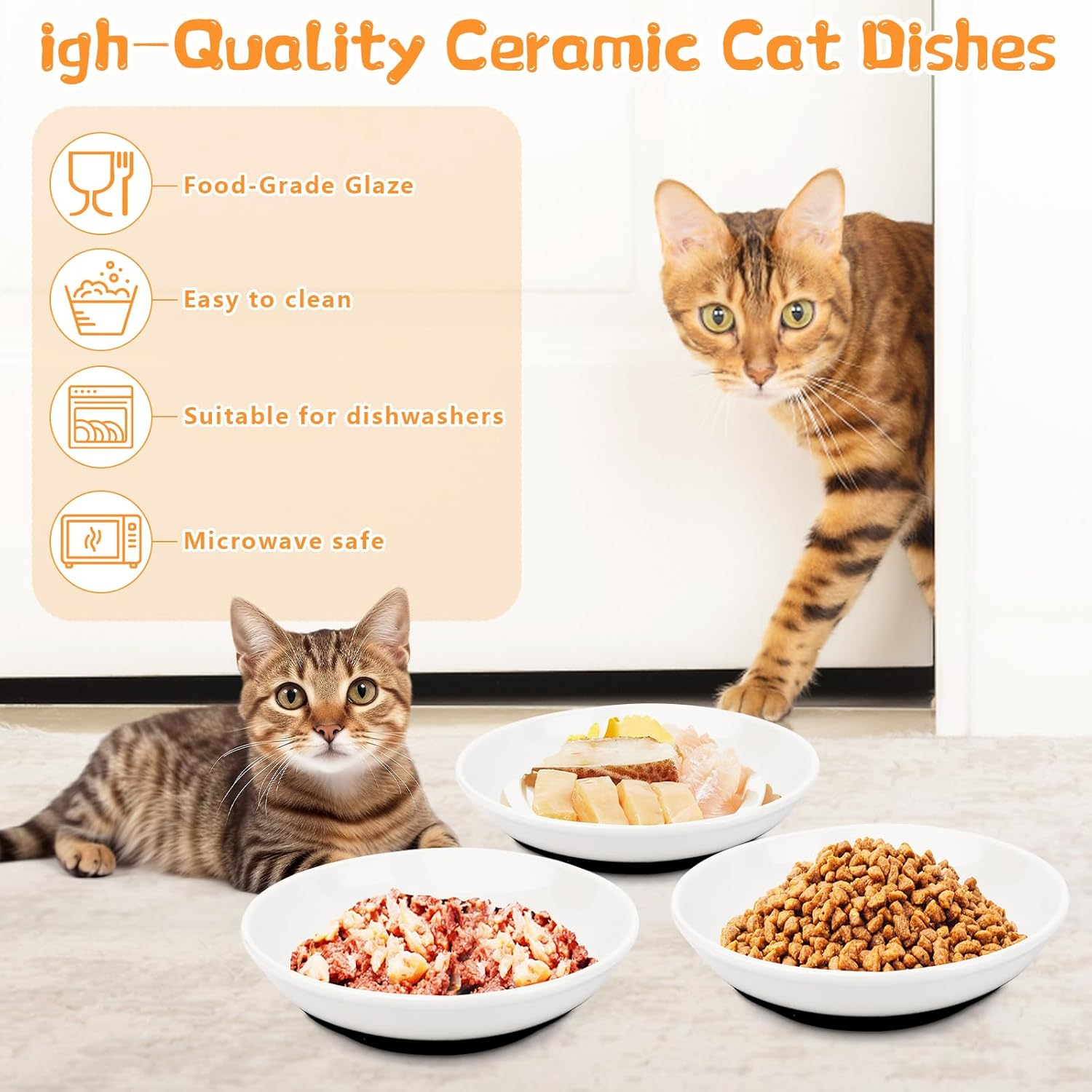 Set of 3 Cat Bowls, Ceramic Feeding Bowls with Non-Slip Silicone Base, Cat Bowl Flat Relieves Whisker Fatigue, Cat Bowls for Food and Water for Cat Food Bowl Set image number 1