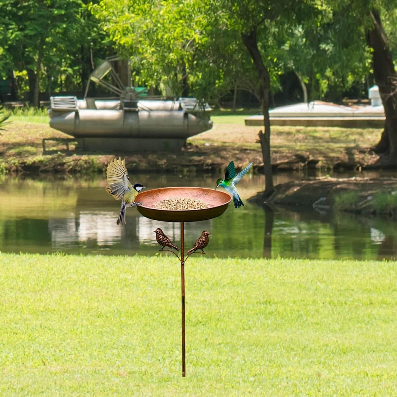 Metal Bird Bath Bowl, Vintage Freestanding Birdbath, outside Heavy Duty Garden Birdfeeder Stake Decoration, Sturdy Garden Birdbath, for Outdoors Patio Yard Lawn Wild Bird Watcher Bird Lovers image number 4