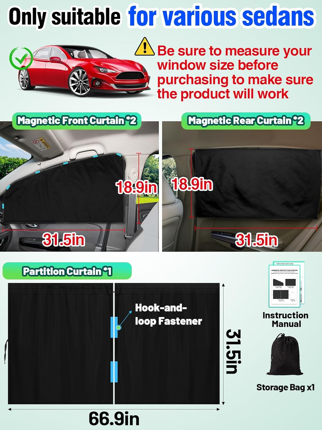 PAMASE Set of 5 Car Privacy Curtains - 4 Magnetic Side Window & 1 Rear Seat Divider Curtain with Storage Bag, Sun Baby Shades Screen Covers for Sedan SUV Camping Travel Nap Sleeping, Black image number 4