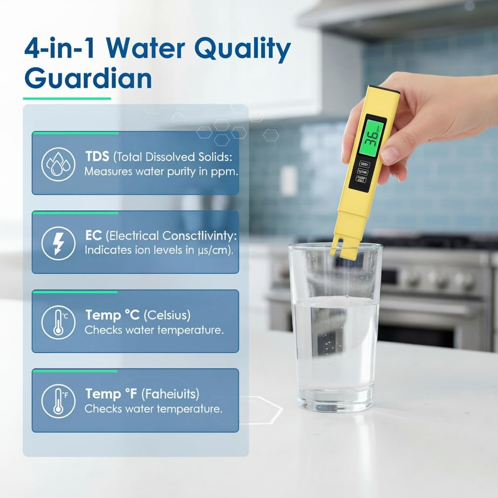 4 in 1 TDS Meter Digital Water Tester - Accurate and Reliable TDS EC & Temp(&deg;C,&deg;F) Meter - 0-9999Ppm - Professional Testing for Drinking Water, RO/DI System, Aquariums Etc (Yellow) image number 1