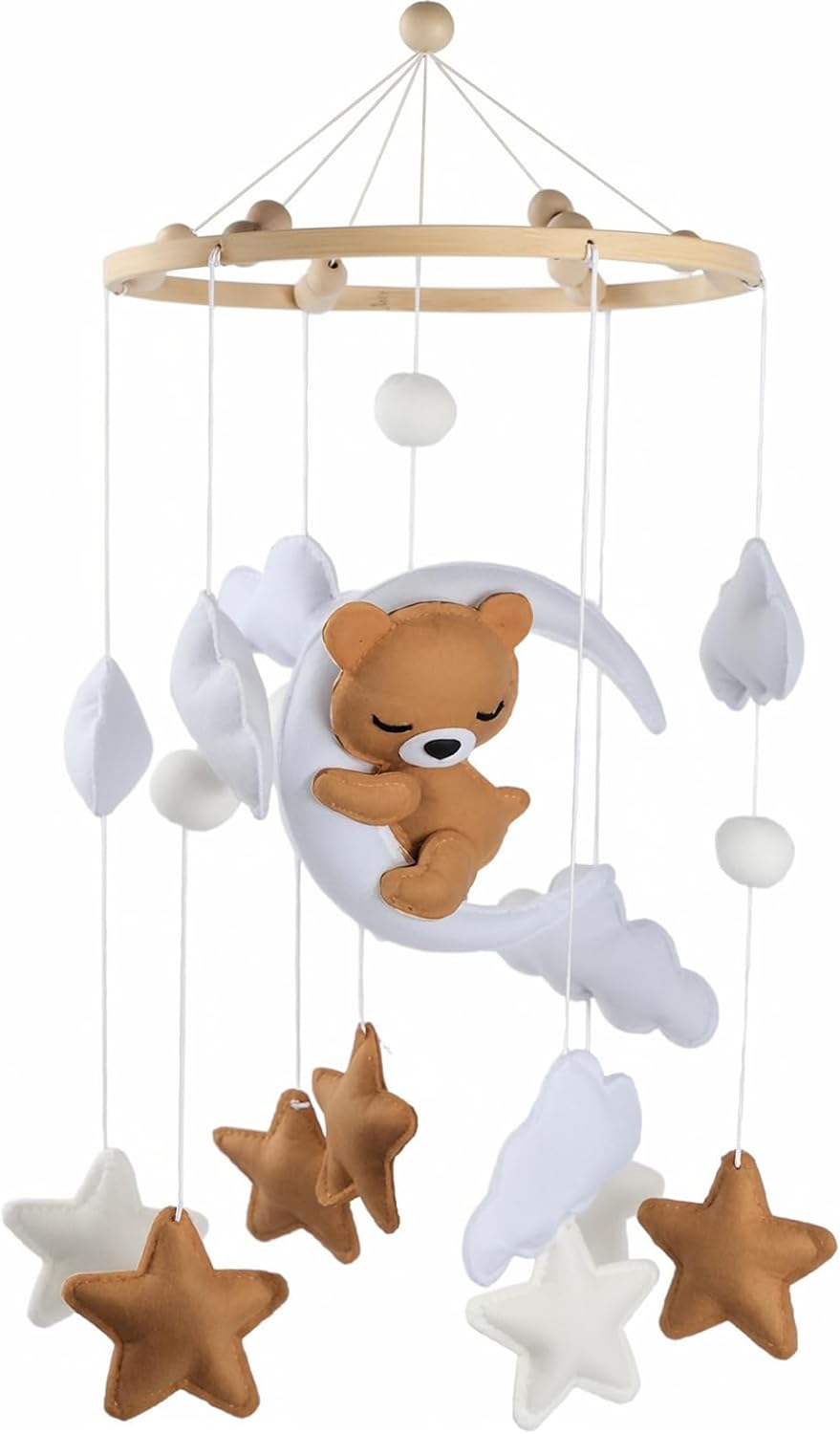 Felt & Wood Baby Mobile for Baby Cot - Snoozing Bear, Handmade, Montessori Hanging Mobile, Sensory Toy for Newborns, Nursery Decoration, Baby Shower Gift (Brown)