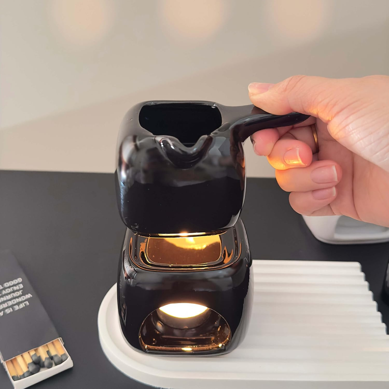Black Ceramic Candle Diffuser, Tea Light Wax Melt Warmer, Oil Burner for Scented Oil - Black image number 2
