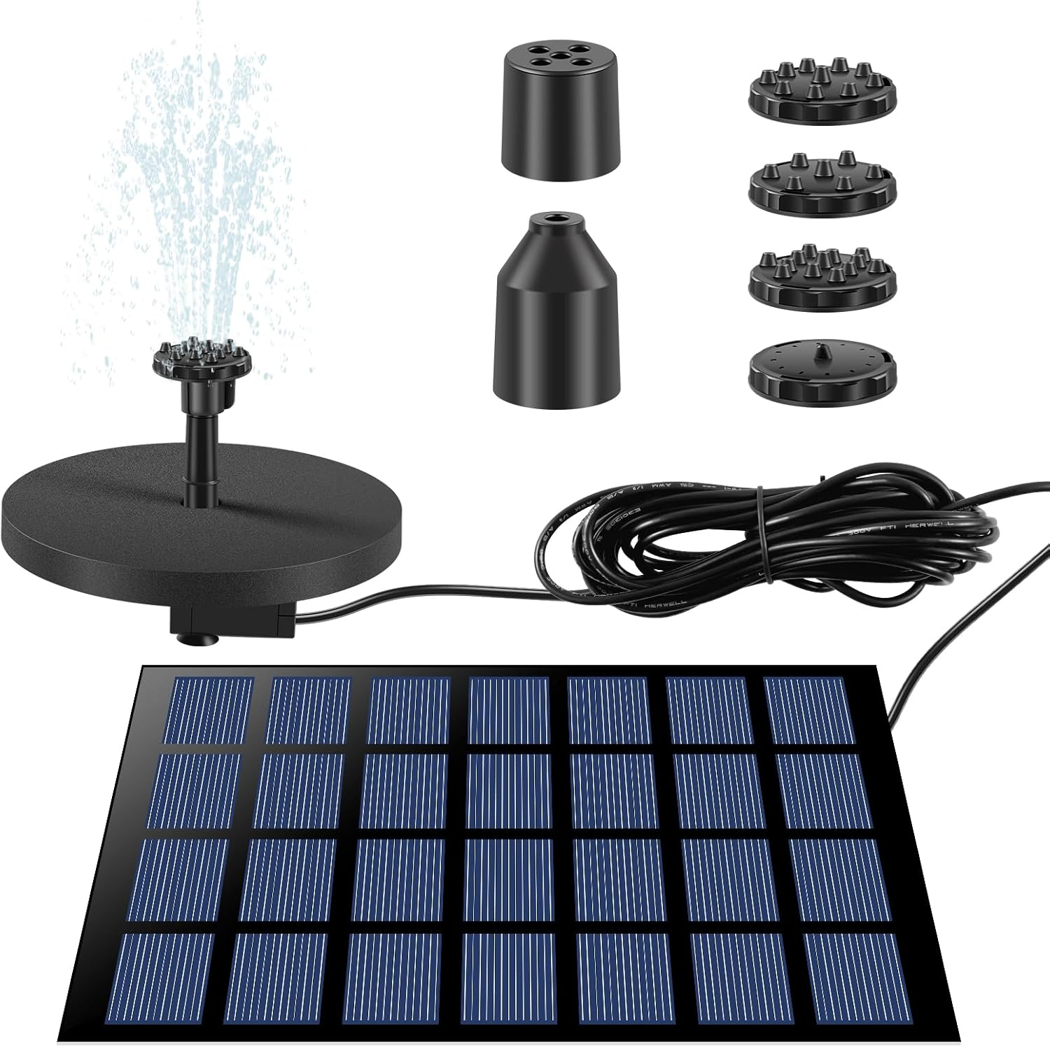 Solar Bird Bath Fountain Pump, 9V 2W Bird Bath Fountain Pump with 6 Different Nozzles, Free Standing Floating Solar Powered Water Fountain Pump for Bird Bath, Garden, Pond, Pool, Outdoor image number 1