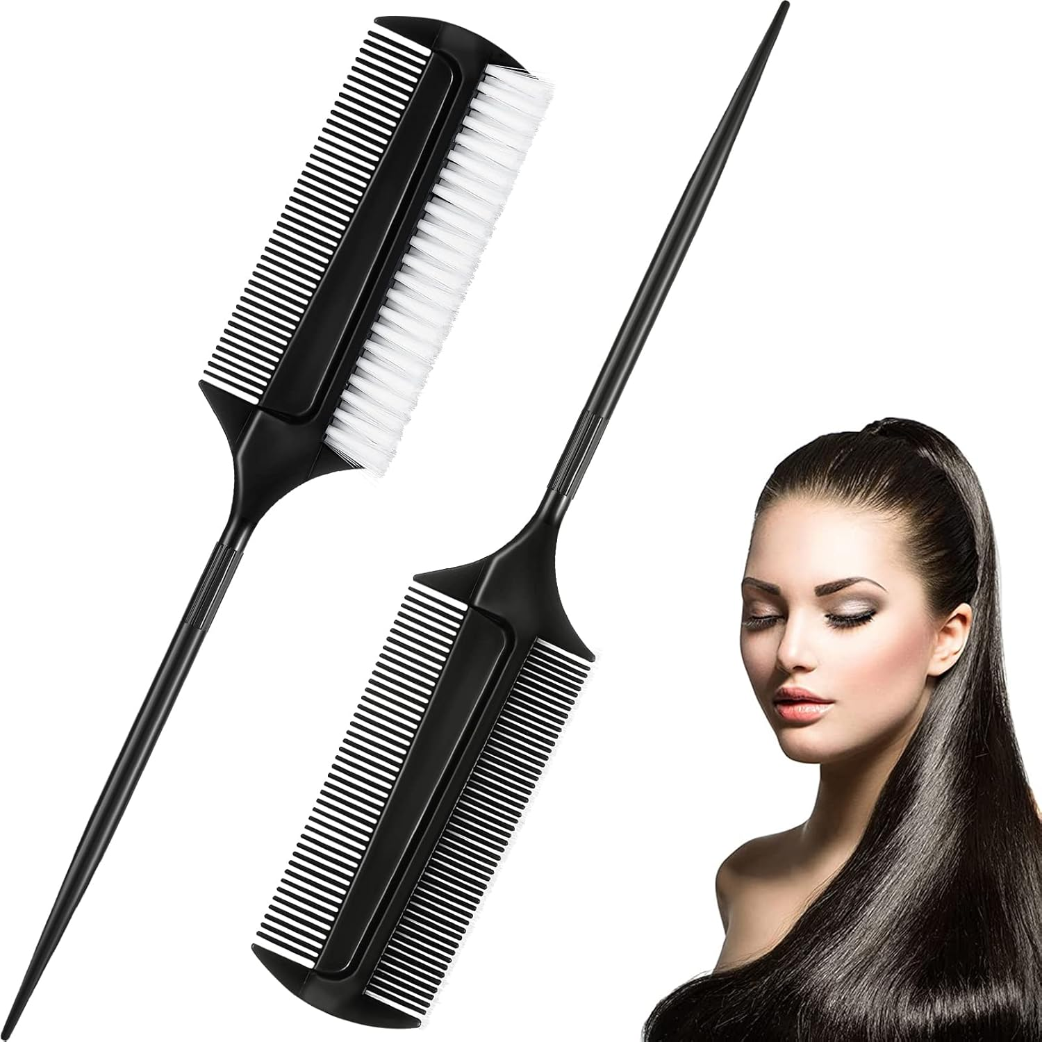 2 Pcs Black Smoothing and Sectioning Brush Set - Double-Sided Comb for Edge Teasing, Parting, and Ballroom Dancing Hairstyling image number 5