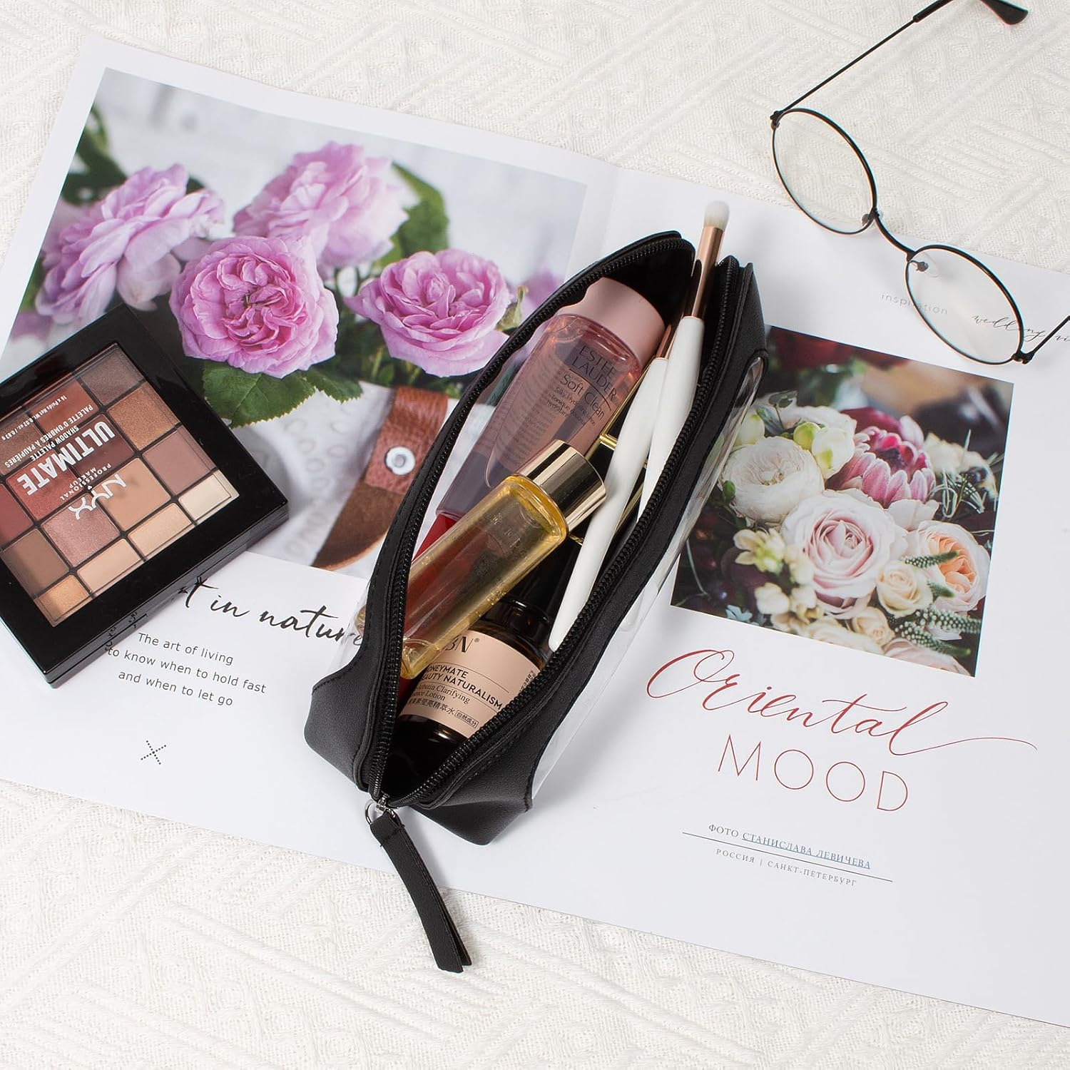 2Pcs Clear Makeup Bag Organizer, TSA Approved Portable Travel Toiletry Bag Set Multipurpose Cosmetic Bag Case for Women Vegan Leather Make up Pouch Makeup Brushes Storage Case Bags (Black C Set) image number 6