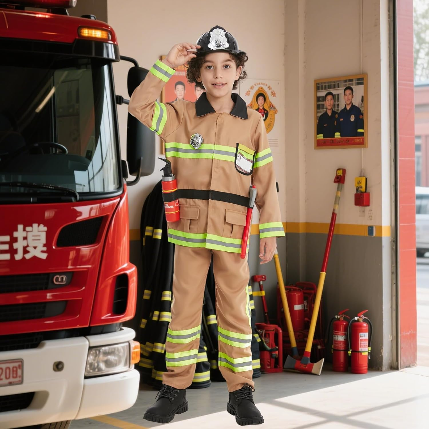 Tan Fireman Costume for Kids, Boys' and Girls' Firefighter Dress up (7 Pcs) image number 5