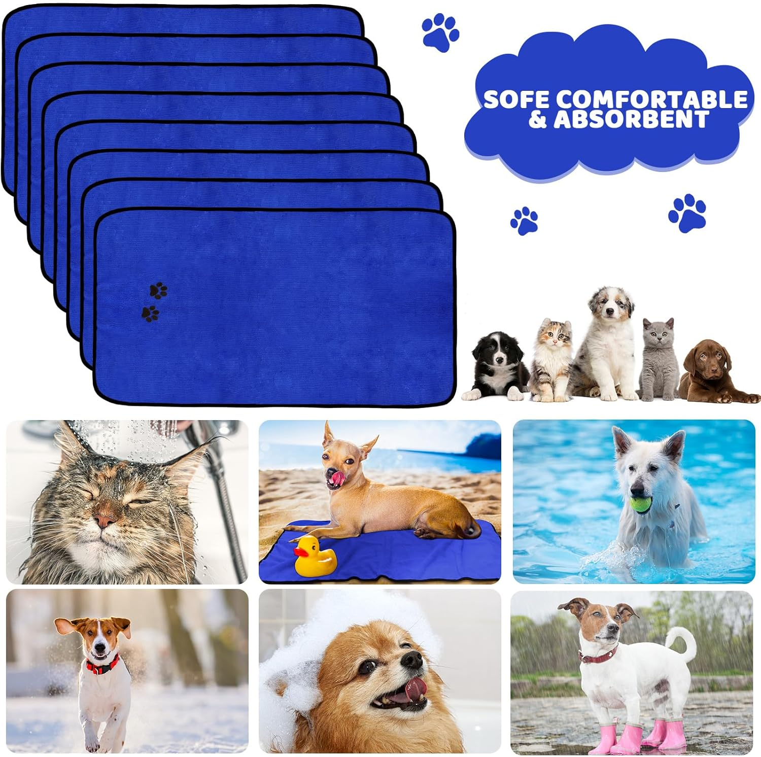 Chumia 8 Pcs Microfiber Dog Towels 20 X 35 Inch Soft Absorbent PET Bath Towel for Drying Dogs Grooming Towel Bulk with Embroidered Paw for Small, Medium, Large Dogs and Cats (Dark Blue) image number 3