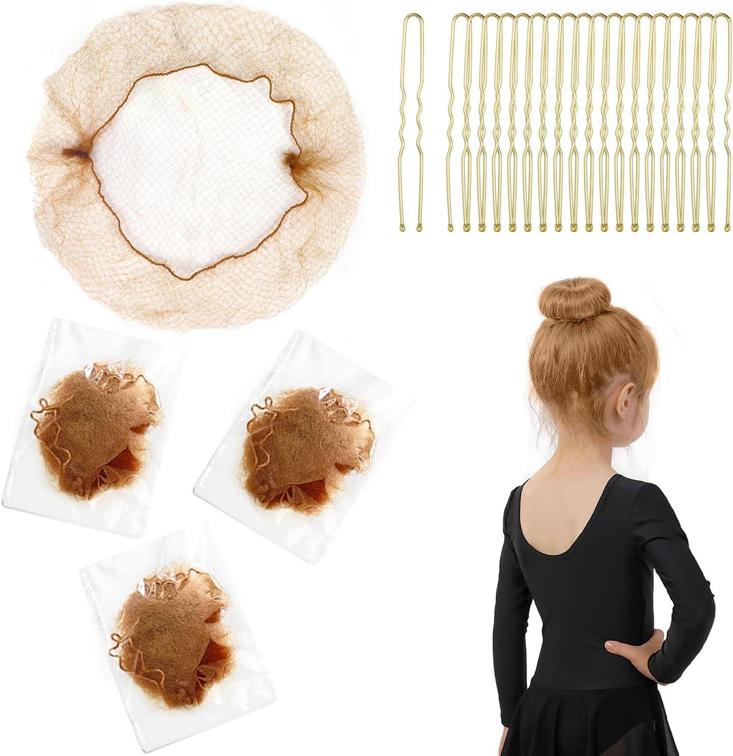 Invisible Elastic Hair Nets with Bobby Pins for Ballerina Buns - 12Inch Light Brown Nets 30Pcs and 20 Pins Golden
