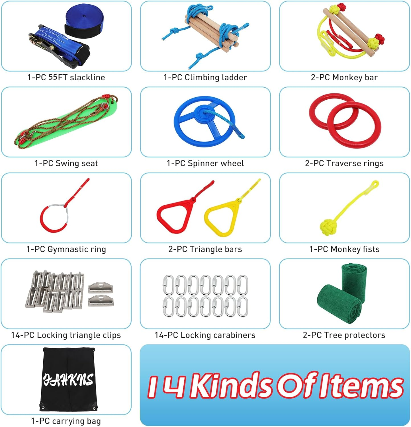 Ninja Warrior Kids Obstacle Course, 55 FT Durable Slackline with 8 Obstacles-Swings, Monkey Bars, Arm Trainers and More, Weatherproof Outdoor Obstacle Course for Backyard, Gym, Field