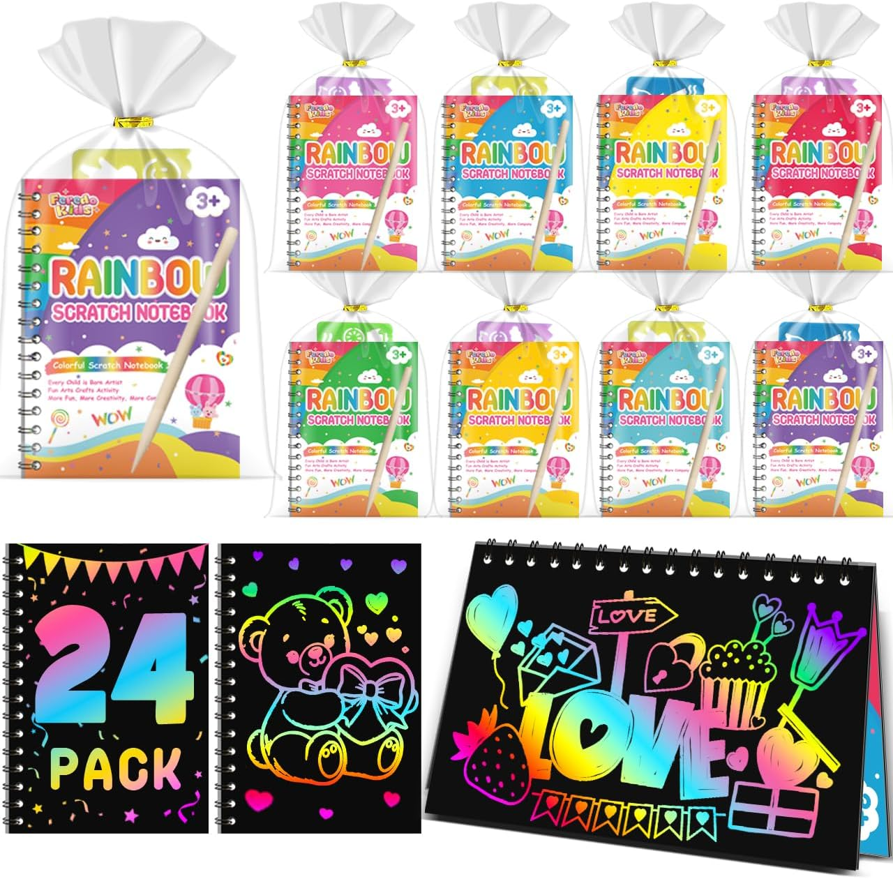 Party Favors for Kids: 24 Pack Rainbow Scratch Art Notebook Students Classroom Gifts Bulk for Girls Boys Goodie Bags Stuffers, Return Gifts for Birthday Party Favors Bulk Kids Crafts image number 1