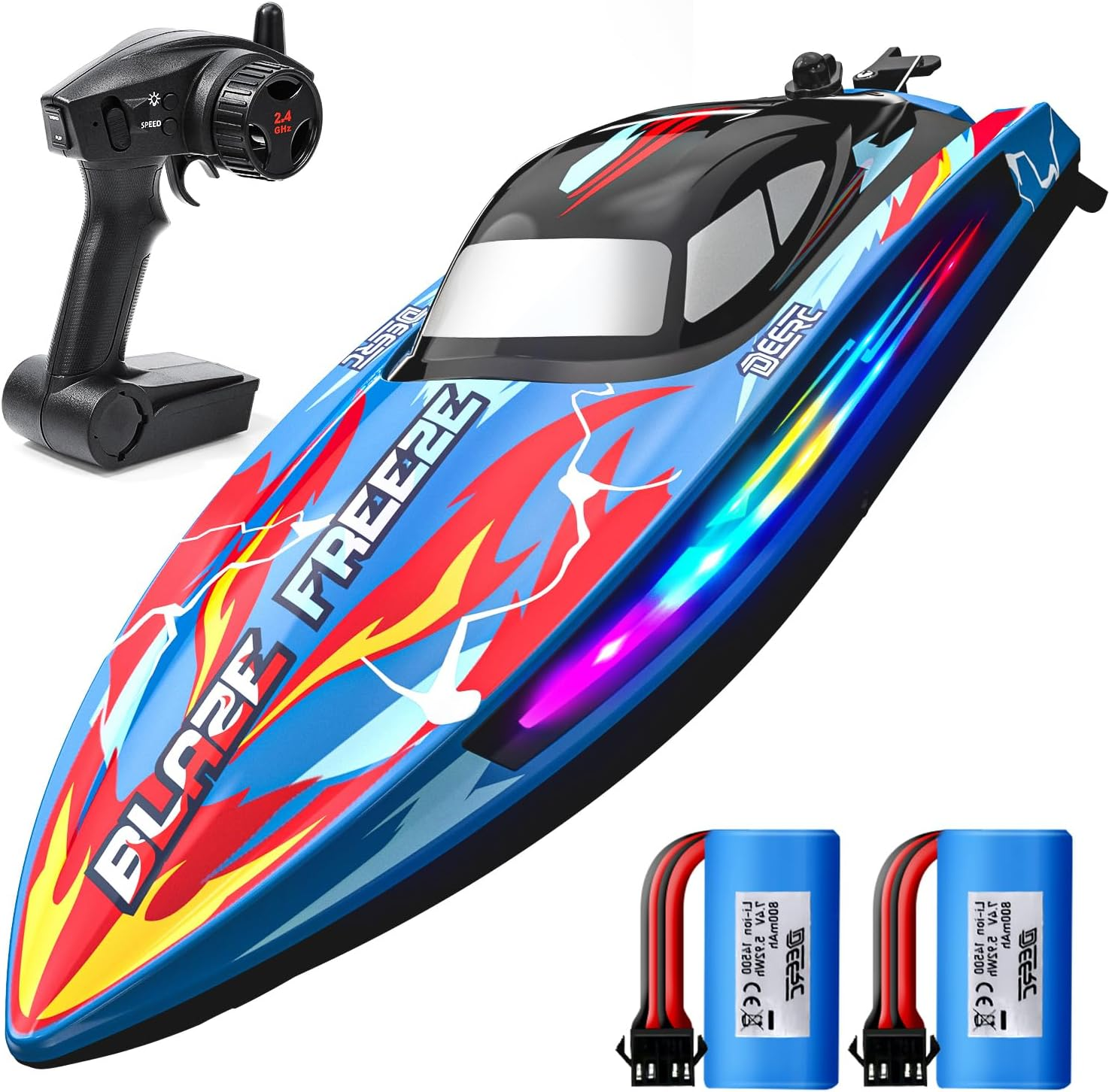 DEERC RC Boat with 7 LED Light Modes, 20+MPH, 40+ Mins, Self Righting Remote Control Racing Boat for Pool & Lake, 2.4Ghz Summer Water Toy for Kids image number 4