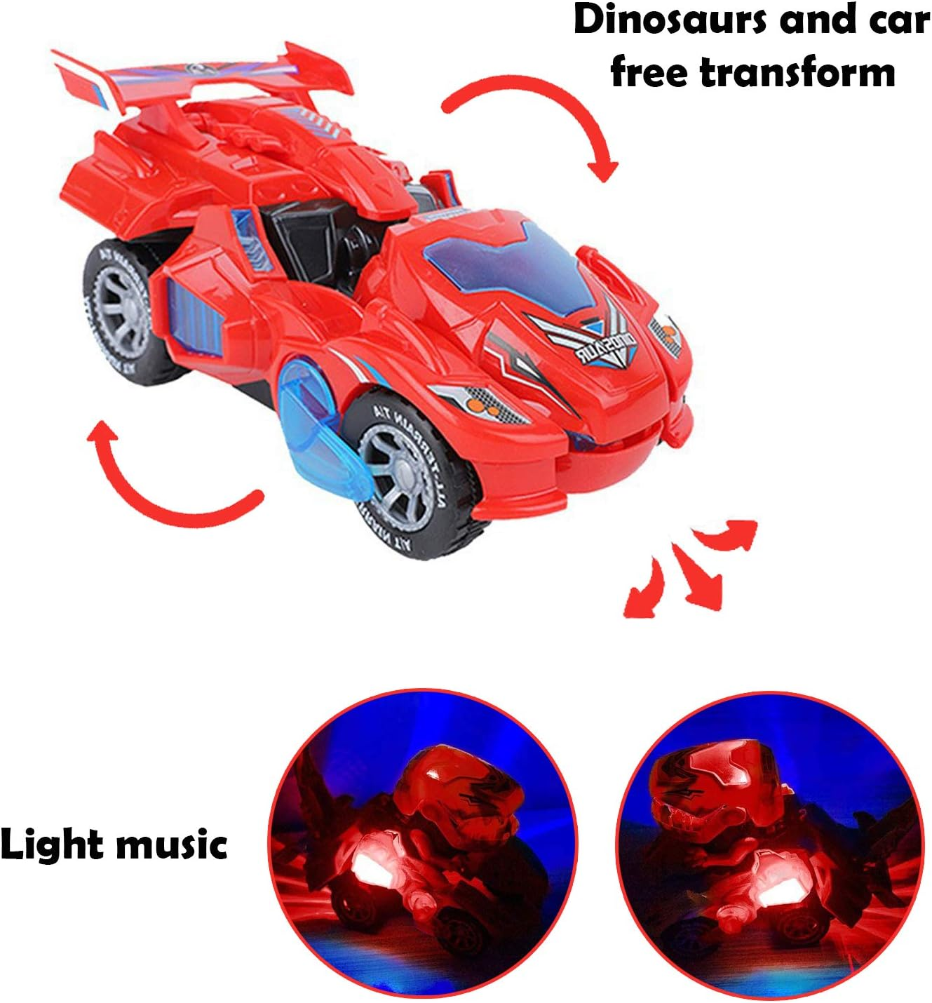 Transforming Dinosaur LED Car with Light and Music, Dinosaur Toys for Kids 3-5-7, Dino Toy Cars Christmas Birthday Gifts for Toddlers Boys Girls (Red) image number 1