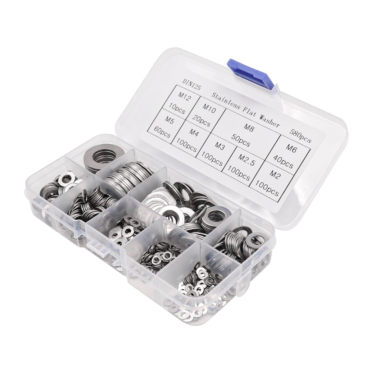 580 Pcs NUZAMAS Stainless Steel Flat Washers Set M2-M12 9 Sizes round Metal Screw Washer Kit with Storage Box for Home Decoration Factories Repair Kitchens image number 1
