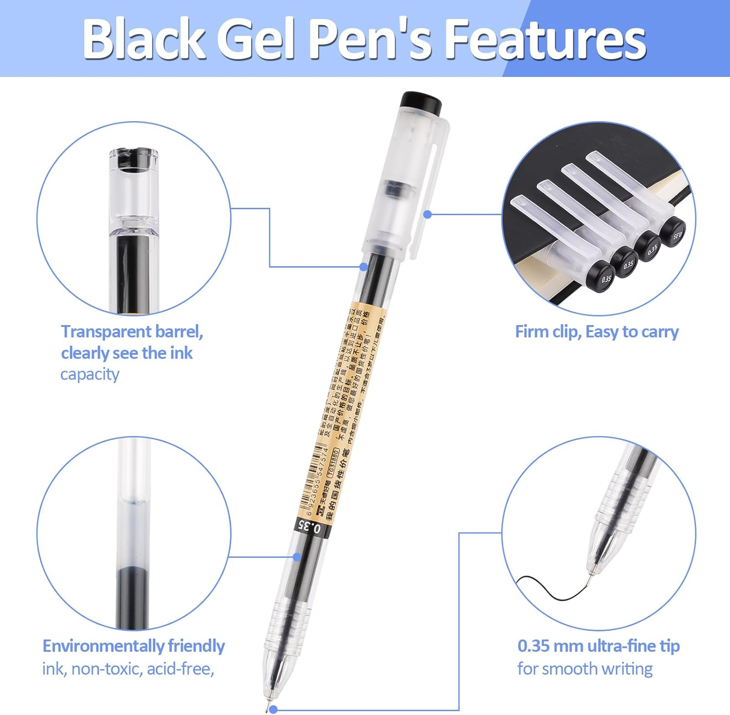 12 Pcs Gel Pens Black, Rollerball Pens, Smooth Writing Pens, Ink Pen for Writing, Liquid Ink Rollerball Pens, Pens Multipack, Handwriting Pens for School Kids Adult - 0.35Mm - Blue, Black, Red image number 7