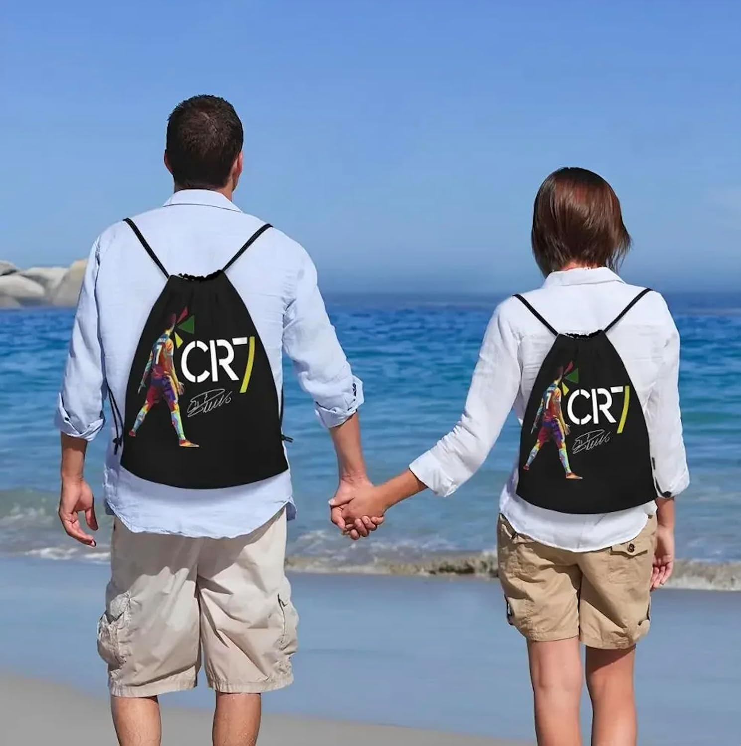 EZB Football Legend Ronaldo CR7 Drawstring Bag | 36X30Cm Midi Sized Backpack | Multi-Use: Sports Kits, PE Kits, Gym, Lunch, Holiday, Beach, Soccer Pump Bag | CR7 Colourful Bag, Multicoloured, 36X30Cm