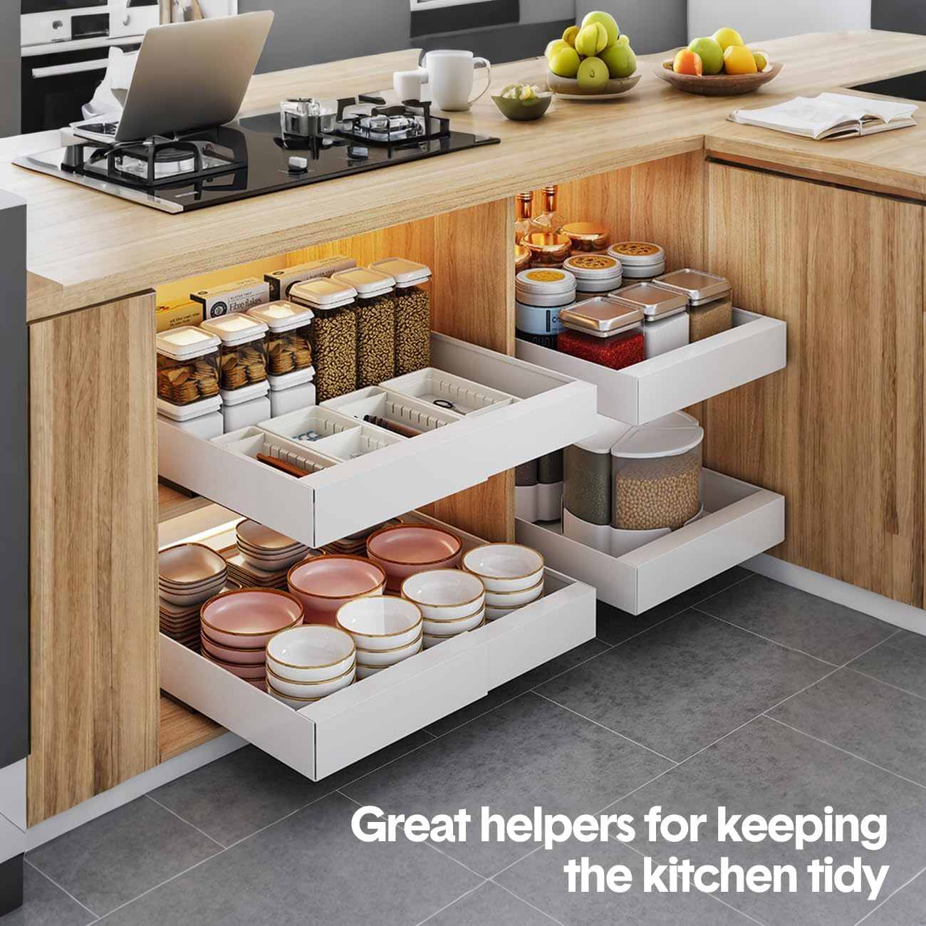 Aumerage Expandable Cabinet Organizer - Pull Out Drawers with Adhesive Mount, Adjustable Width 32-52Cm, Slide Out Storage for Kitchen Cabinets（Whinte 2PCS）