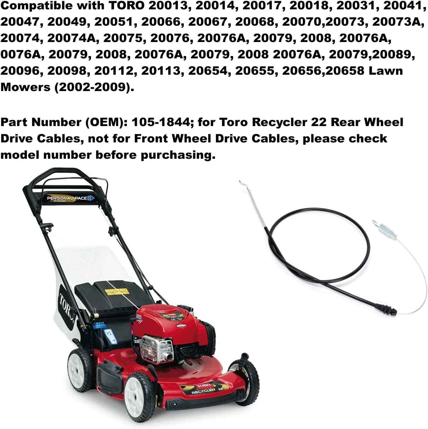 Ruimou 105-1844 Lawn Mower Traction Control Cable (47Inch) Rear Drive Compatible with Toro Recycler 22'' Personal Pace Self-Propelled 20017 20031 20032 20041 20066 20067 20074 image number 4