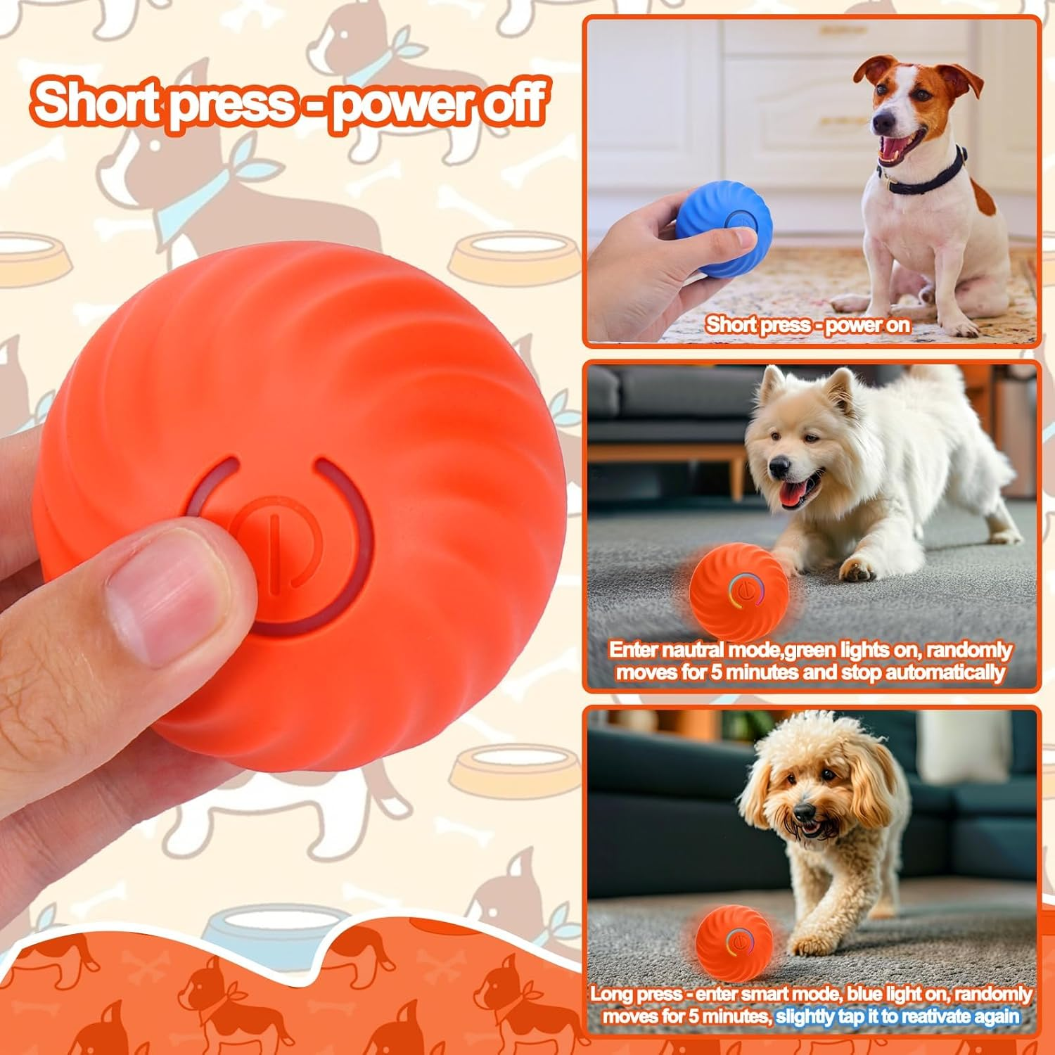 Interactive Dog Toys Ball, Self Rolling Dog Ball with Cover Anti-Chewer for Small/Medium/Large Puppy Pet Toys, Active Rolling Ball for Dogs Enrichment, Motion Activated Toys That Move Its Own Orange image number 1
