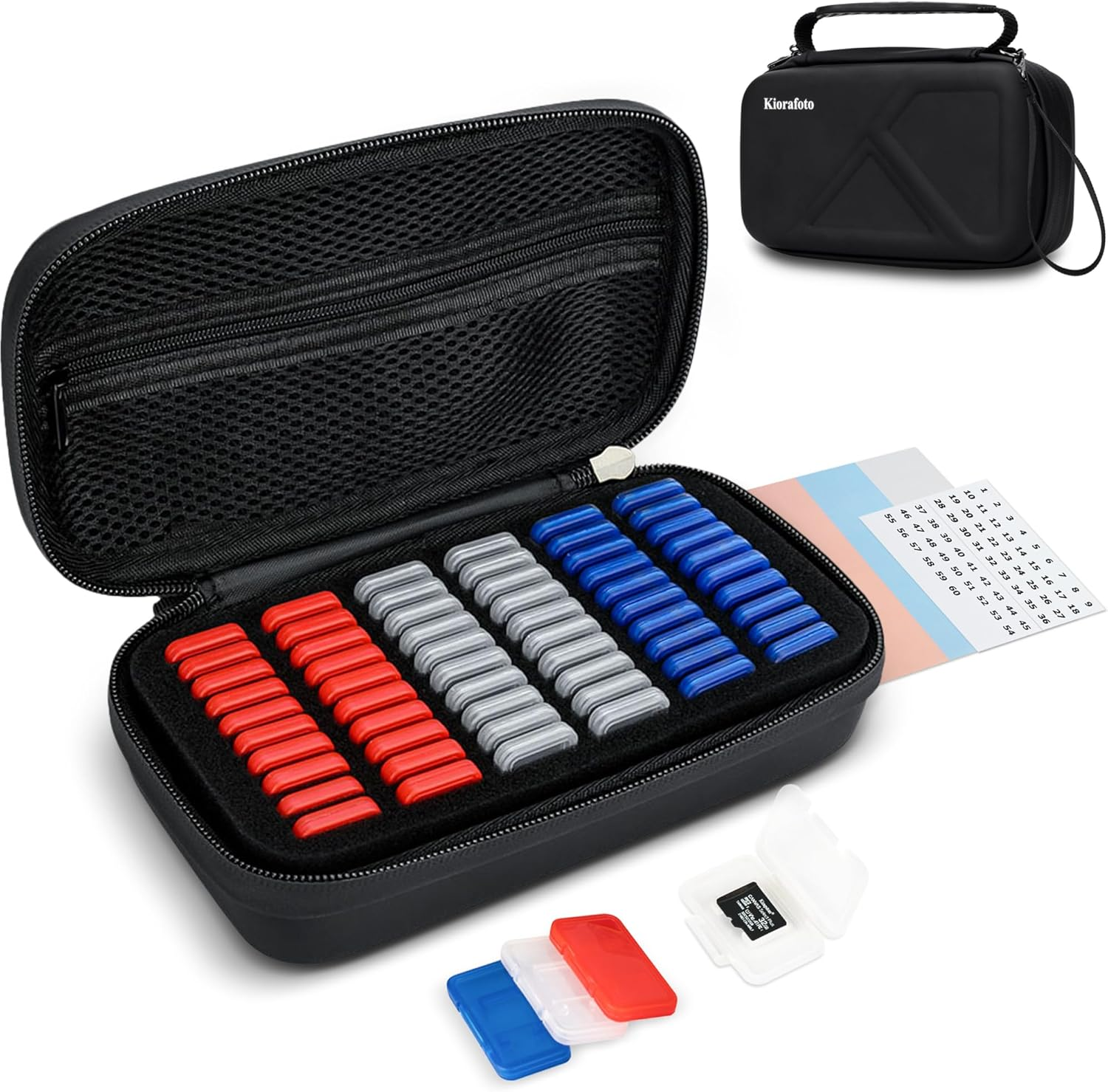 EVA PU Micro SD Card Case with 60 Individual Plastic TF Card Holders - Water-Resistant, Anti-Shock Carrying Organizer with Handle & Label