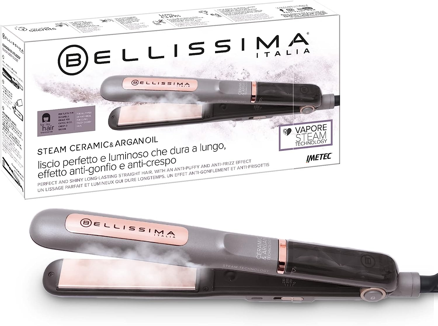 Bellissima Steam Ceramic & Argan Oil Steam Straightener, Ceramic and Argan Oil Coating, 3 Temperature Levels, Fast Heating, Oscillating Plates, Auto Shut-Off image number 1