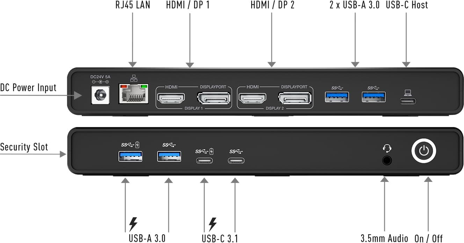 Comsol Universal USB-C Displaylink Dual 4K HDMI Docking Station, Black, 2 Displayport, 2 HDMI, 4 USB-A, 1 Ethernet Port, Audio Jack, with 120W AC Adapter image number 2