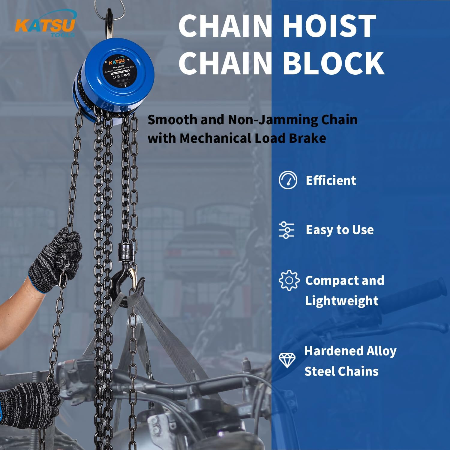 KATSU Tools Chain Hoist 1000 Kg 3 M Lifting Height, Robust Hook with Safety Bar, Chain Block, Garage Car Engine Heavy Duty Lifting Tool 181740 image number 3