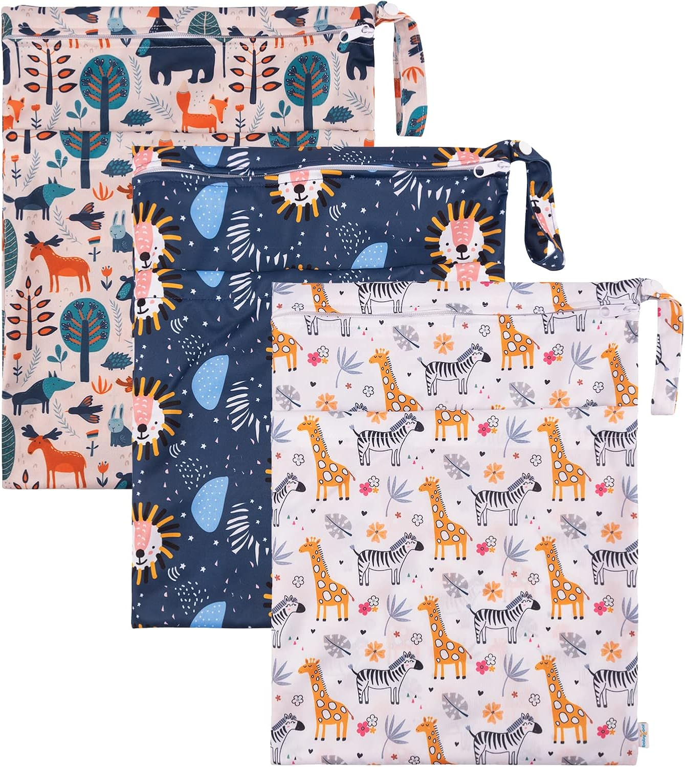 Babygoal Wet Dry Bags for Baby Cloth Diapers, Washable Travel Bags, Beach, Pool, Gym Bag for Swimsuits & Wet Clothes with Two Zippered Pockets 3 Pack, 3LN25