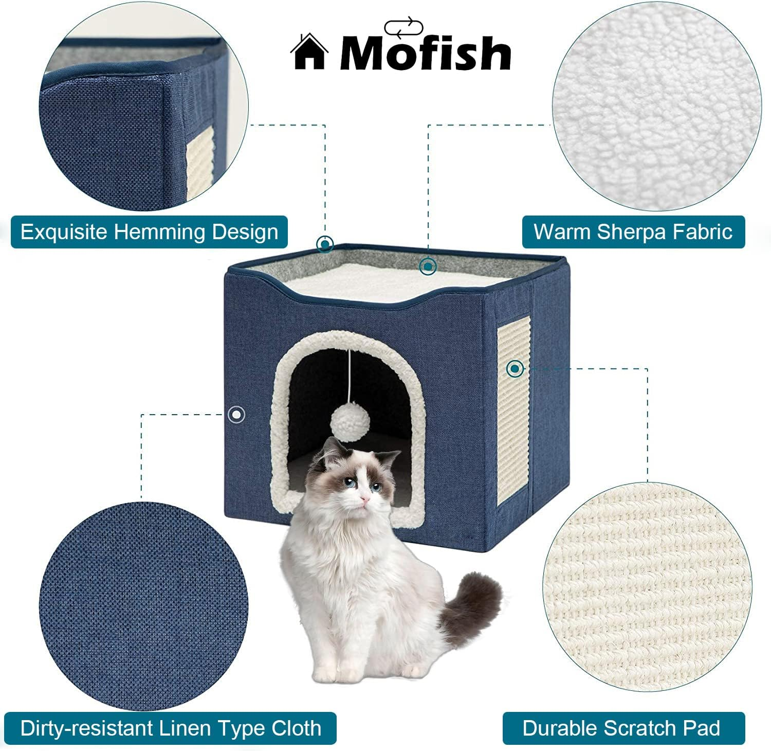 Mofish Cat Beds for Indoor Cats,Large Pet Cat Cube House Foldable with Ball Hanging and Scratch Pad,Soft and Self Warming Cat Cando Cave & Furniture,Kitten Shelter with Warm Plush Bed image number 2