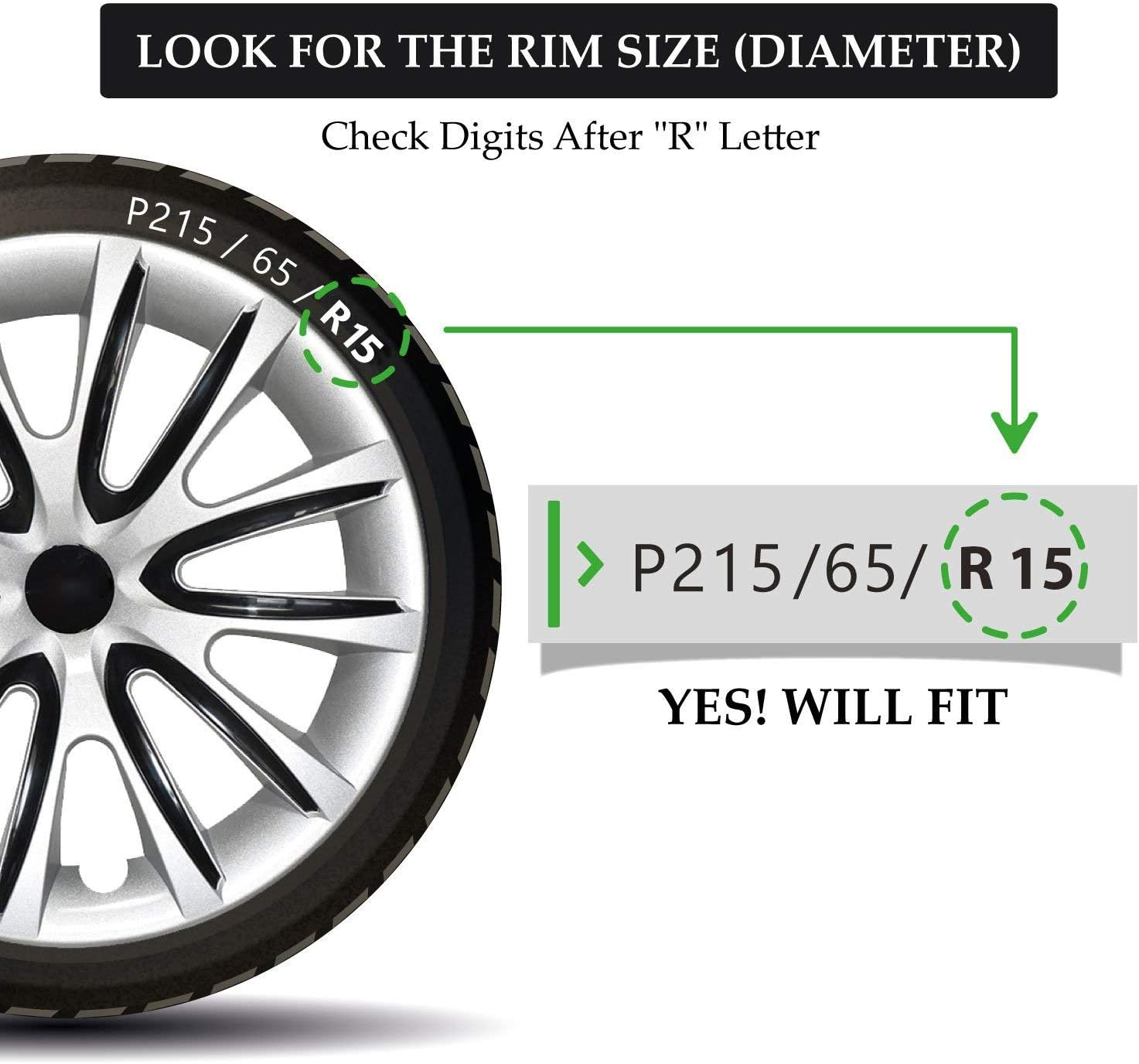 ZUXIM 4Pcs Set 15 "Inch Hubcaps Wheel Rim Cover Glossy Black with Gray Insert Alloy Wheel Center Cap image number 2