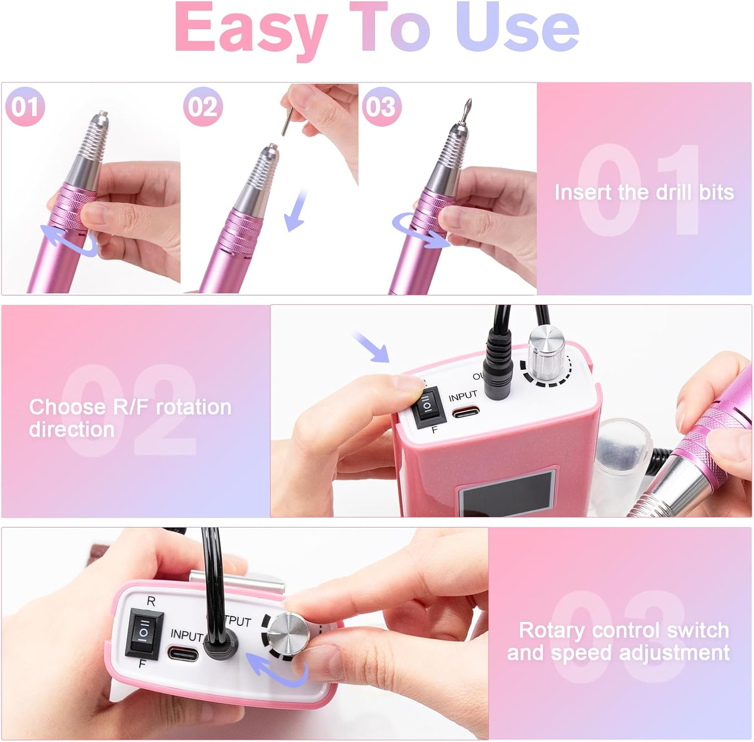 Beloving Portable Nail Drill Professional, 45000RPM Rechargeable Nail Drill Electric File Machine for Acrylic Gel Polish Remover, Cordless Nail Kit for Manicure Pedicure with 11 Bits for Salon Home image number 5