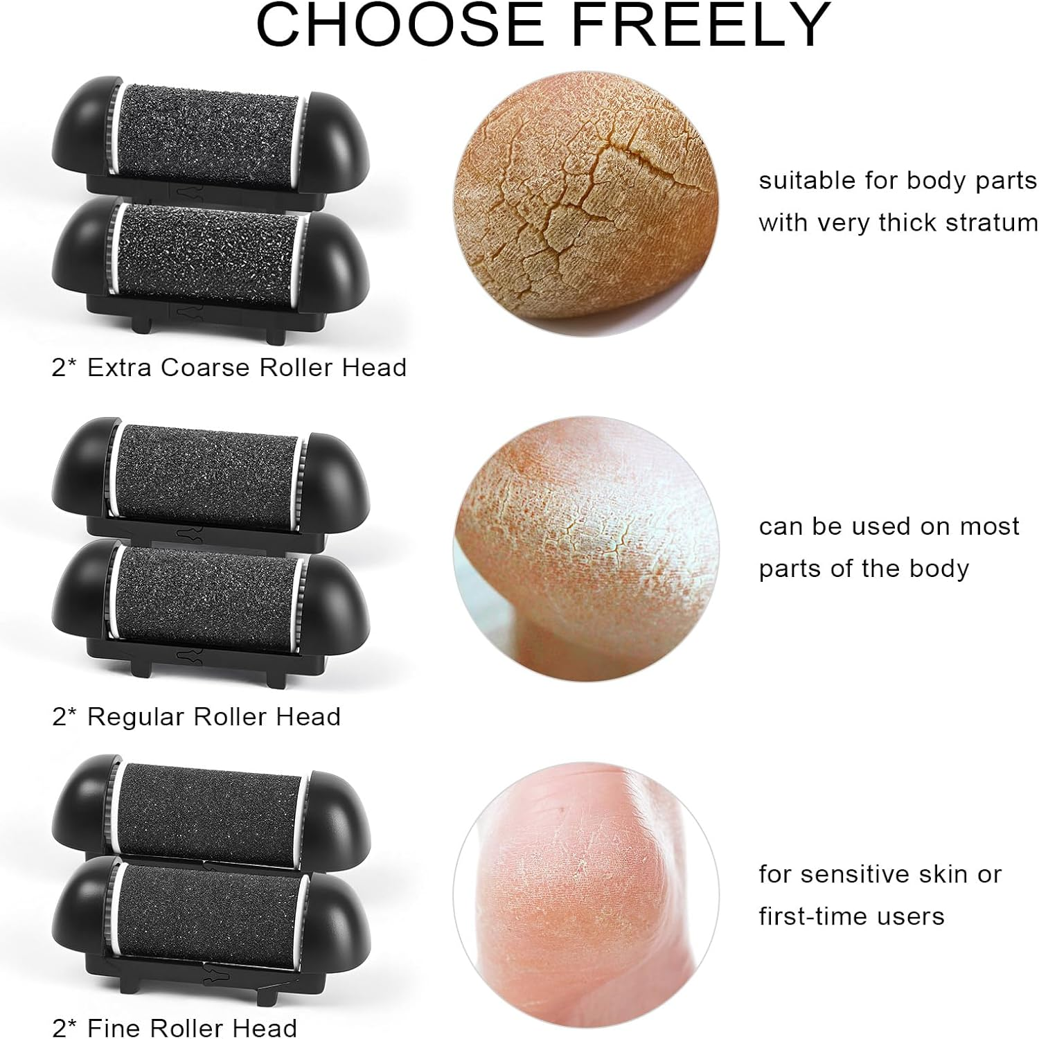 6Pcs Replacement Roller Refill Heads for Electric Callus Remover,Feet Pedicure Kit Refill Rollers, 2 Extra Coarse, 2 Regular Coarse, 2 Fine Coarse Refill Rollers (Black) - Black Gray-B image number 3