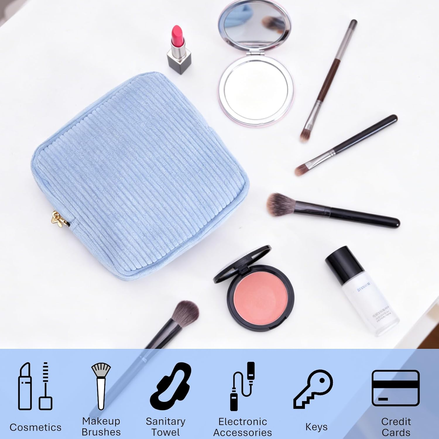 Pack of 2 Small Cosmetic Bags, 12 X 5 X 12 Cm Make-Up Bag, Small Mini Make up Bag with Metal Zip, Cord Toiletry Bag for Cosmetics, Skincare and Toiletries (Pink, Blue)