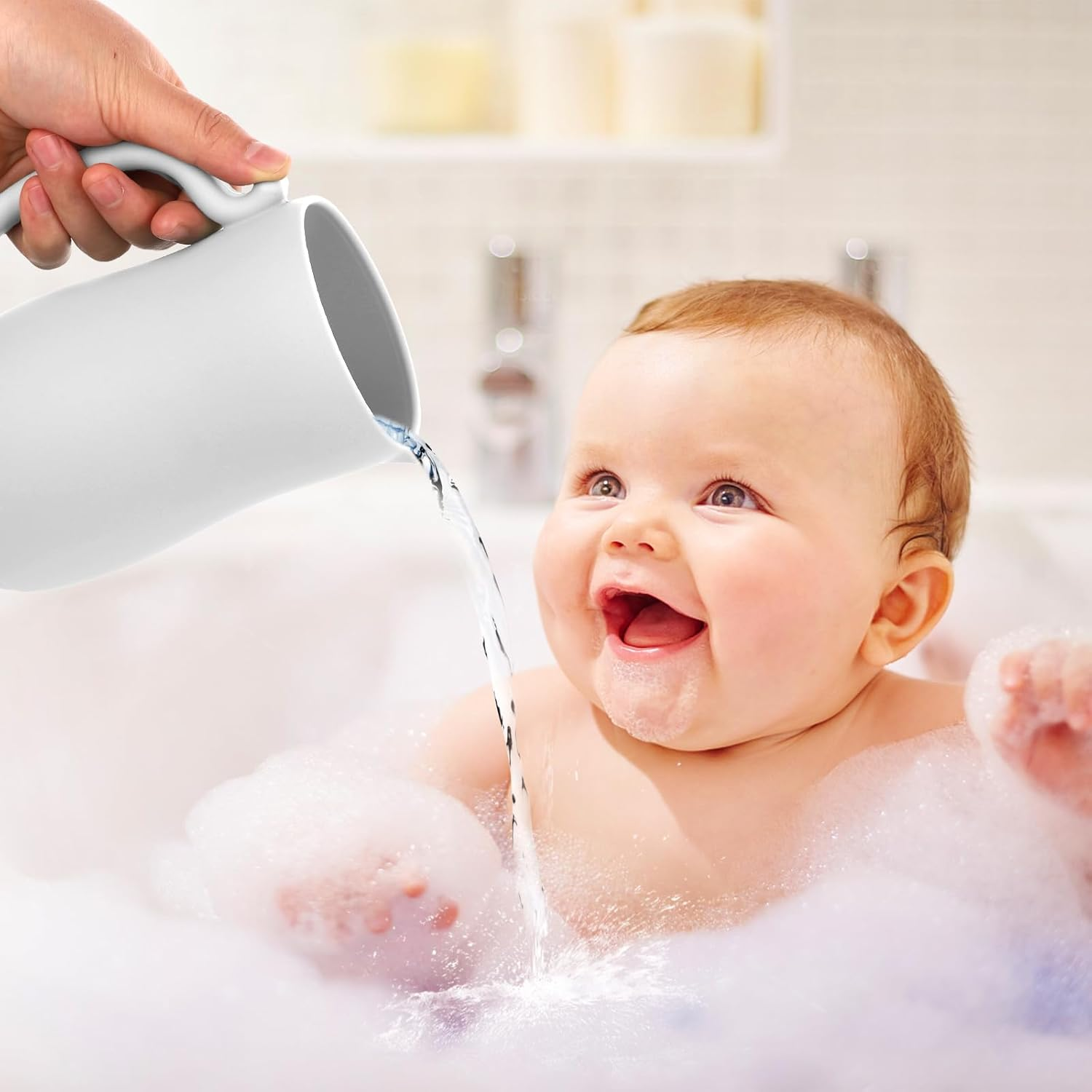 Baby Bath Rinse Cup, Silicone Rinse Shampoo Rinser Baby Hair Rinse Cup with Easy-To-Grip Handle to Rinse Soap & Shampoo for Baby Bath Essentials(Silver Gray) image number 6
