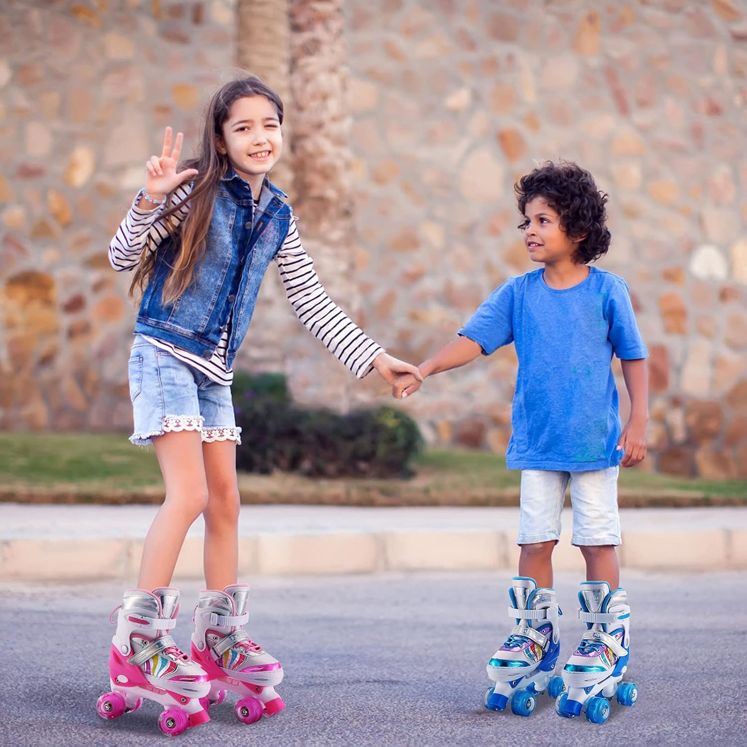 Kids Roller Skates Adjustable for Girls Boys Toddlers Youth , Pink 4 Size Adjustable Light up Roller Skates for Size 11J Todders to Size 7 Youth Women image number 4